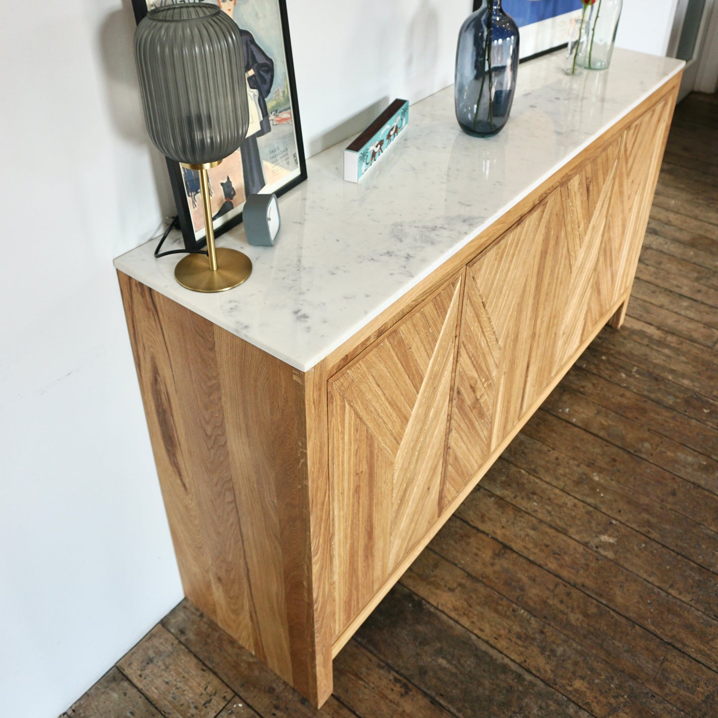 Eliana Solid Oak & Marble 4 Door Sideboard