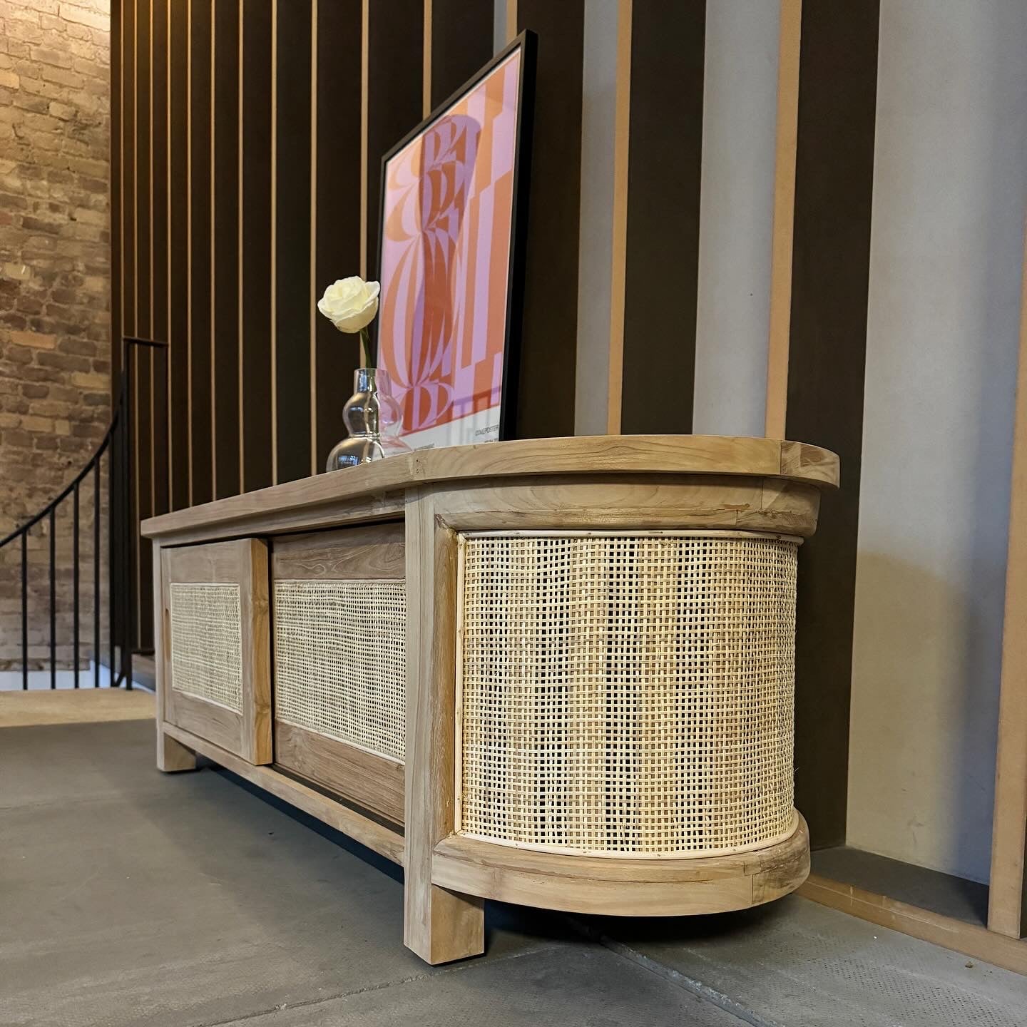 Puteri Solid Teak TV Unit with Natural Rattan