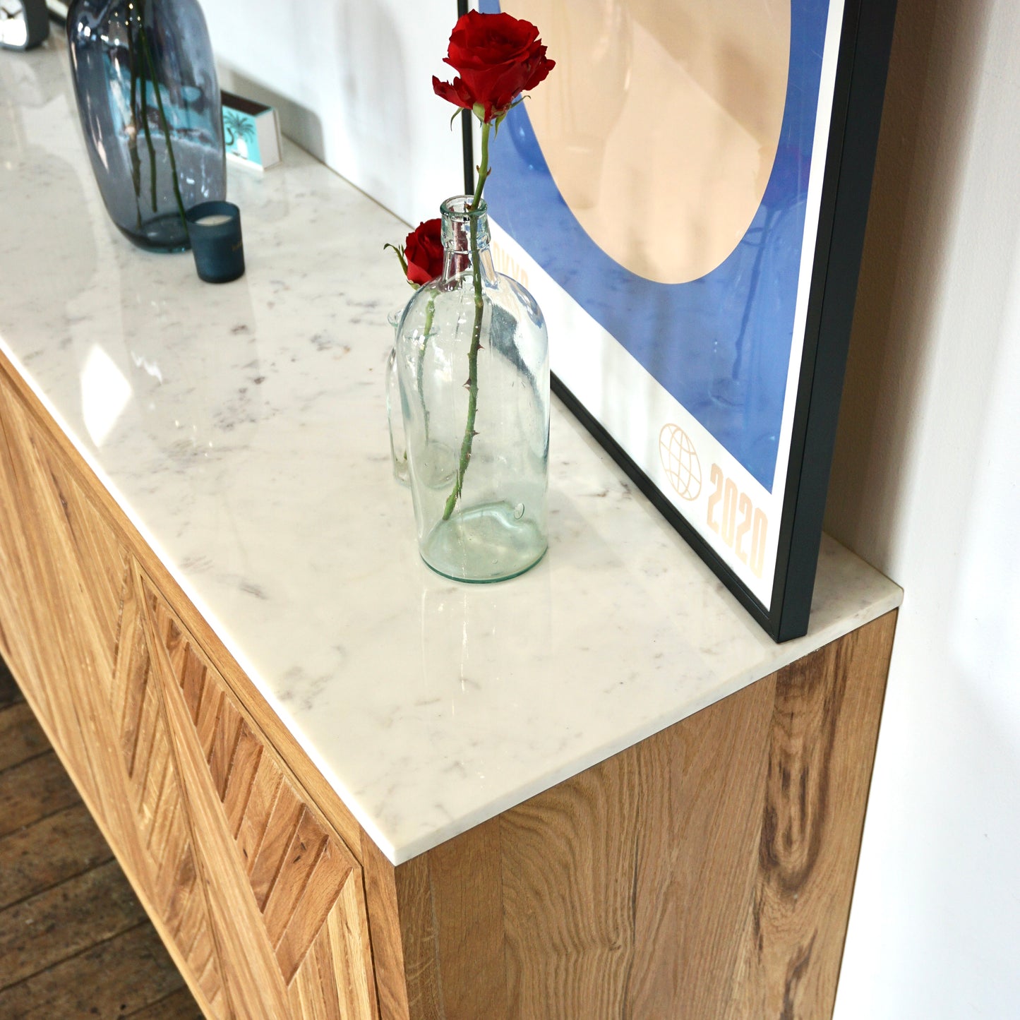 Eliana Solid Oak & Marble 4 Door Sideboard