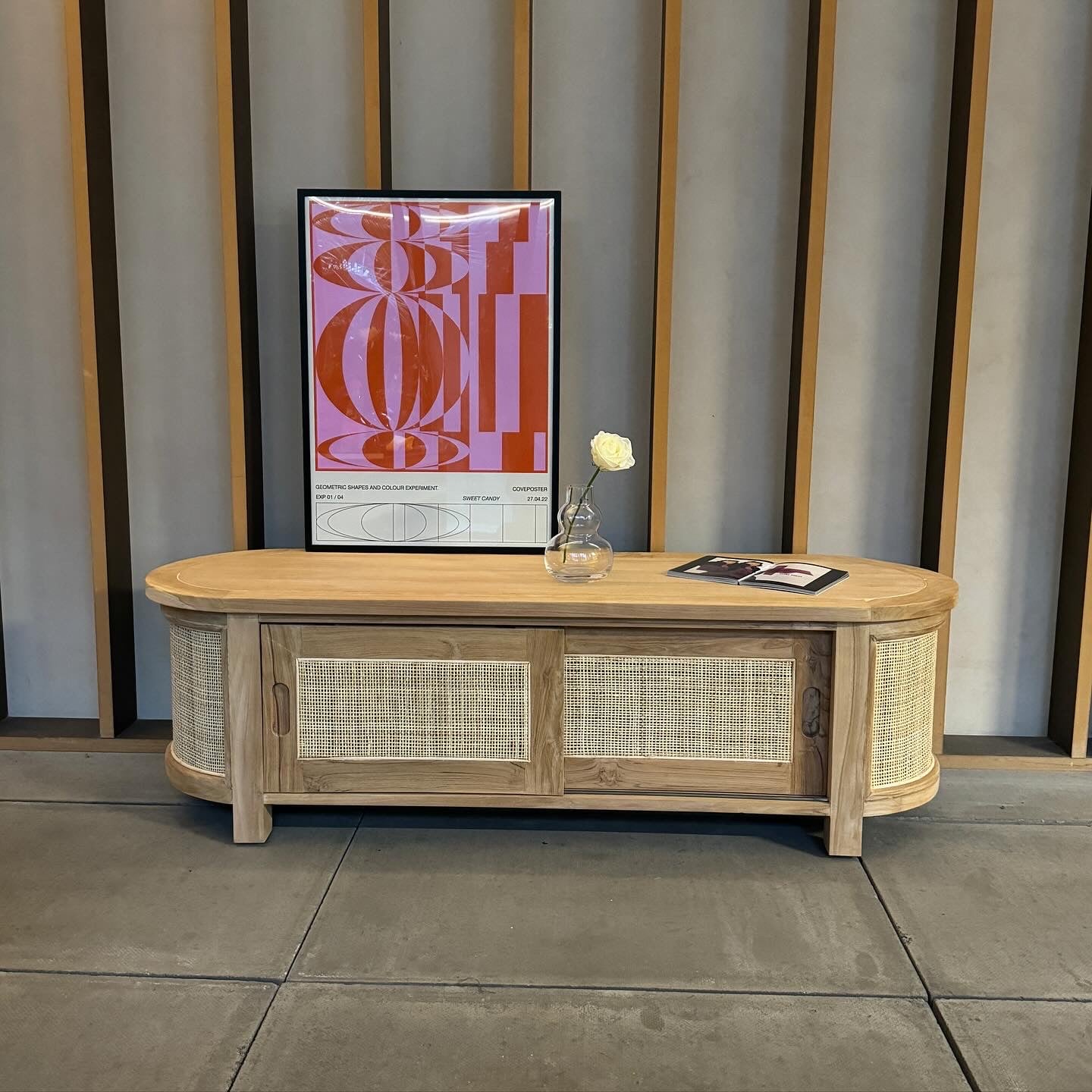 Puteri Solid Teak TV Unit with Natural Rattan