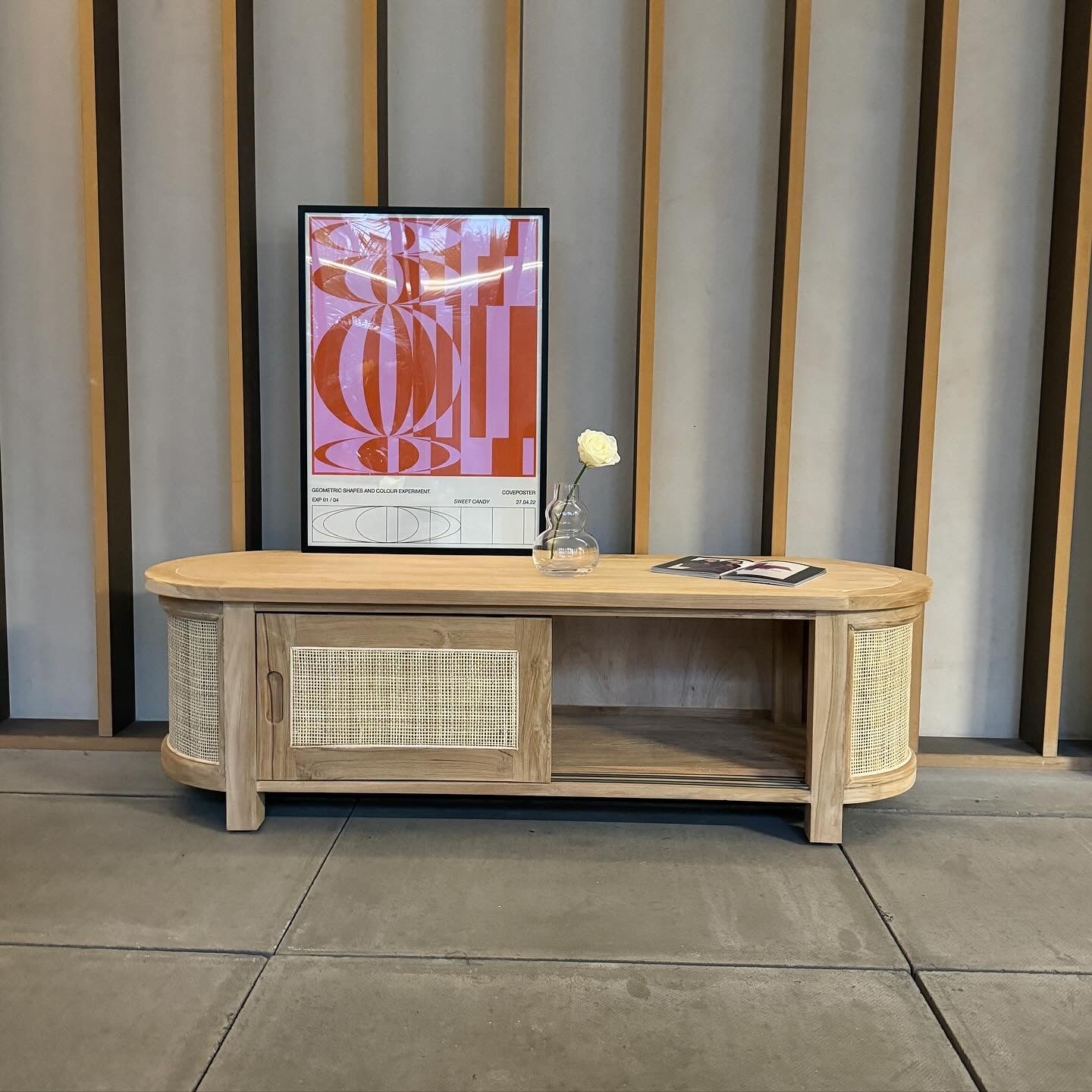 Puteri Solid Teak TV Unit with Natural Rattan