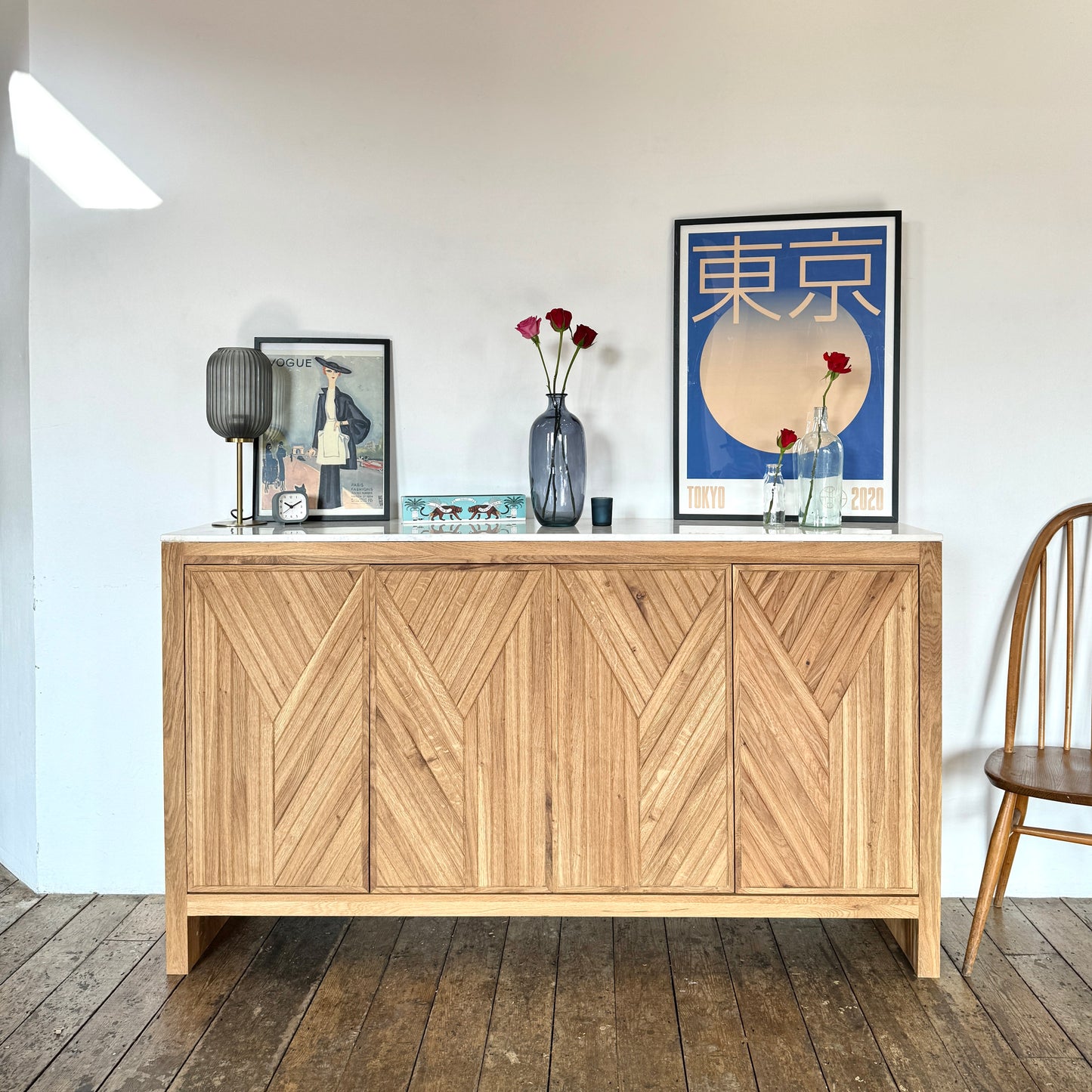 Eliana Solid Oak & Marble 4 Door Sideboard