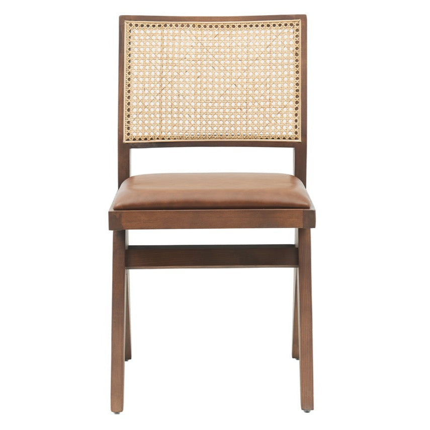 Kiko Solid Ash Wood Dining Chair in Walnut and Brown Leather (2pk)