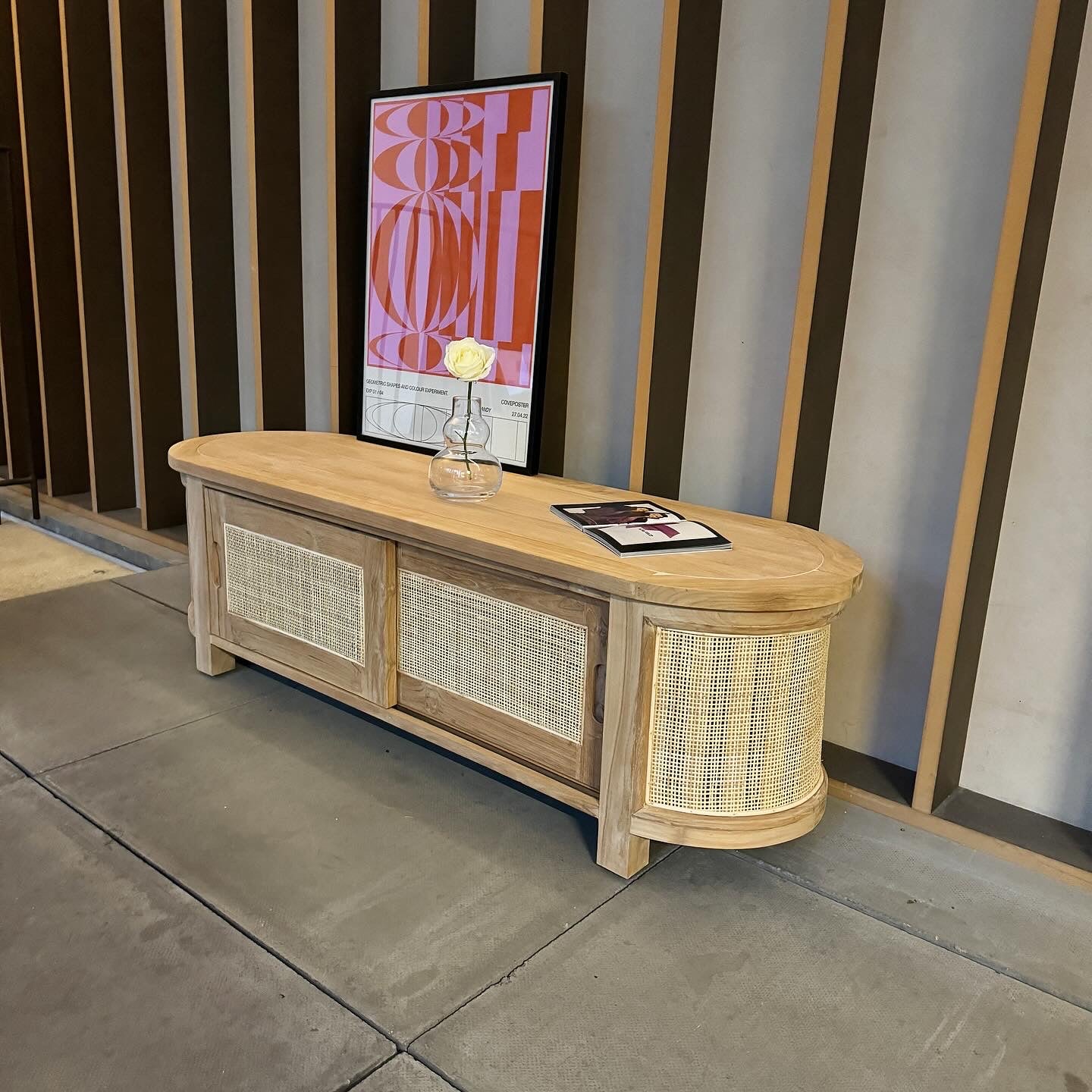 Puteri Solid Teak TV Unit with Natural Rattan