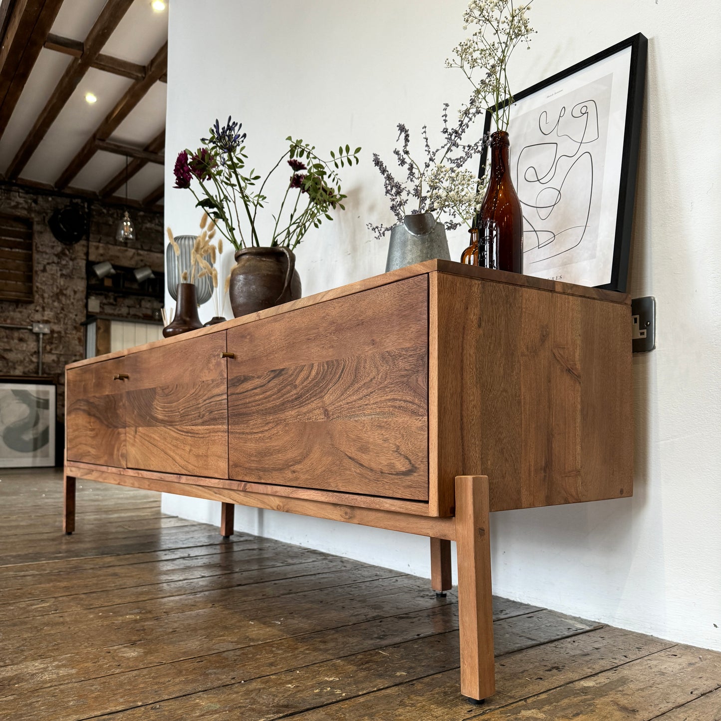 Lucca Solid Acacia Wood 3 Door TV Stand