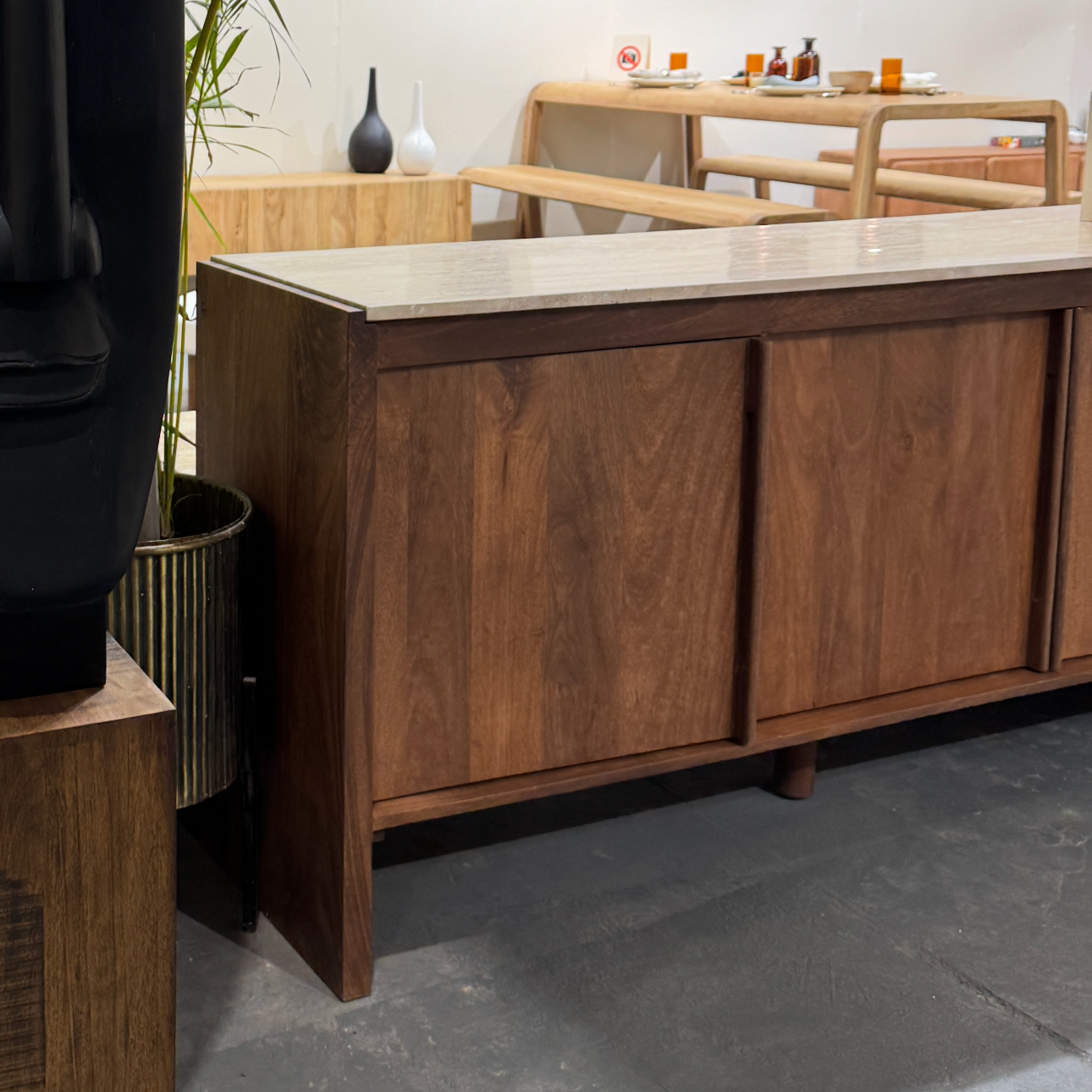 Kobe Solid Mango Wood and Travertine Sideboard Brown