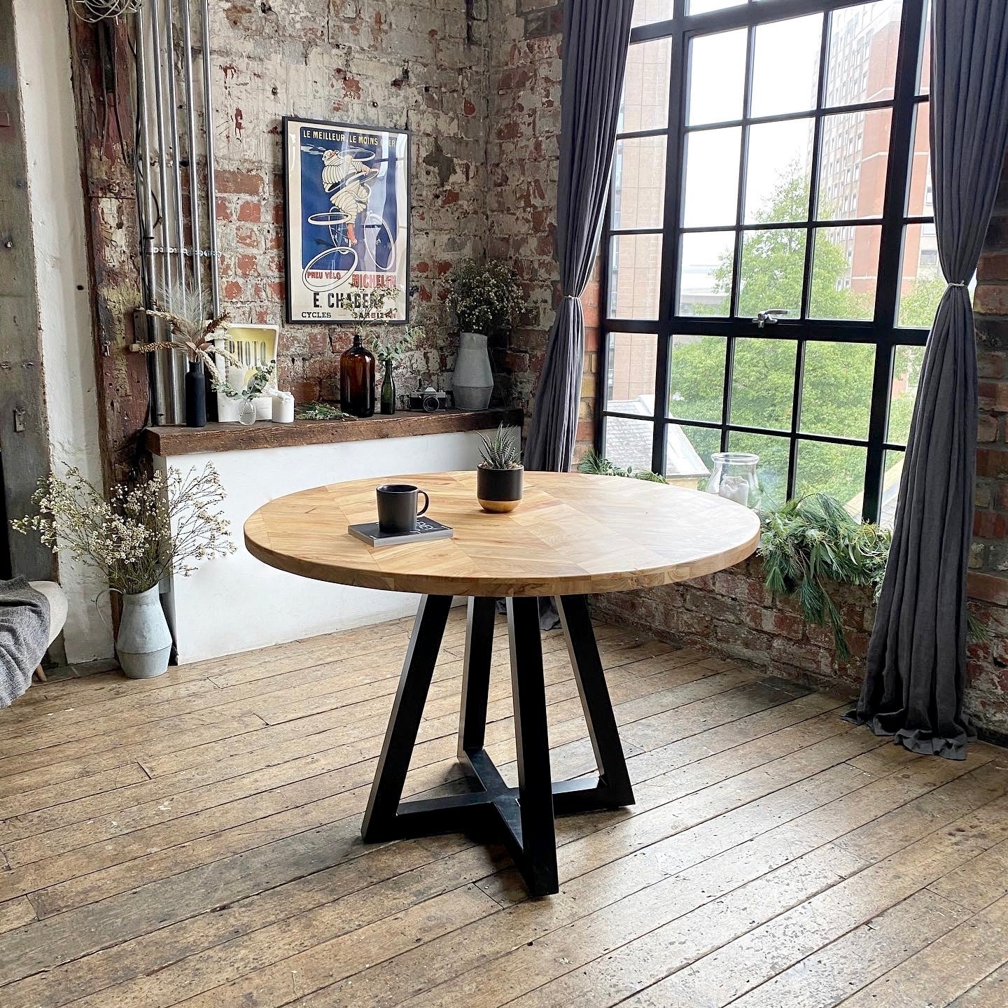 Cala Solid Acacia Wood Parquet Style Industrial Dining Table (3 Sizes)