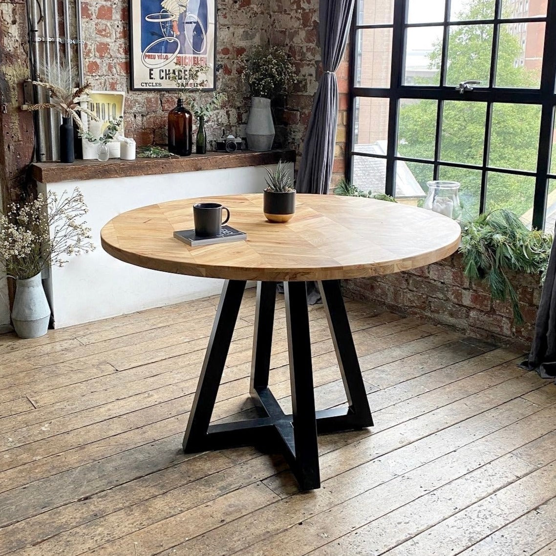 Cala Solid Acacia Wood Parquet Style Industrial Dining Table (3 Sizes)