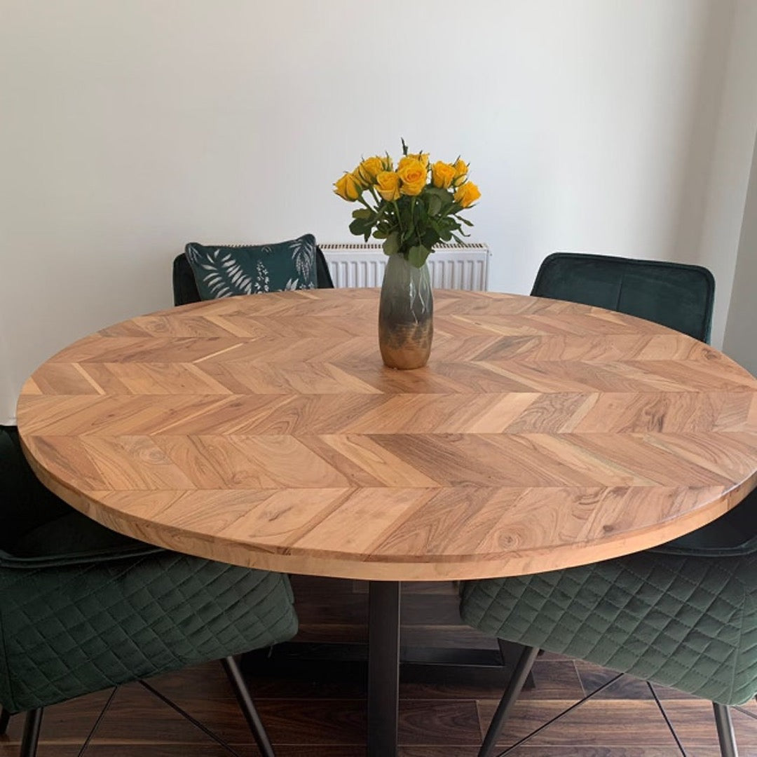 Cala Solid Acacia Wood Parquet Style Industrial Dining Table (3 Sizes)