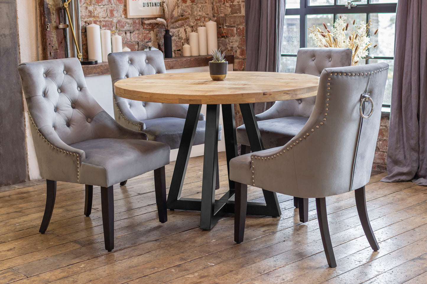 Ida Solid Mango Wood Dining Set with 4 or 6 Portia Dining Chairs in Grey