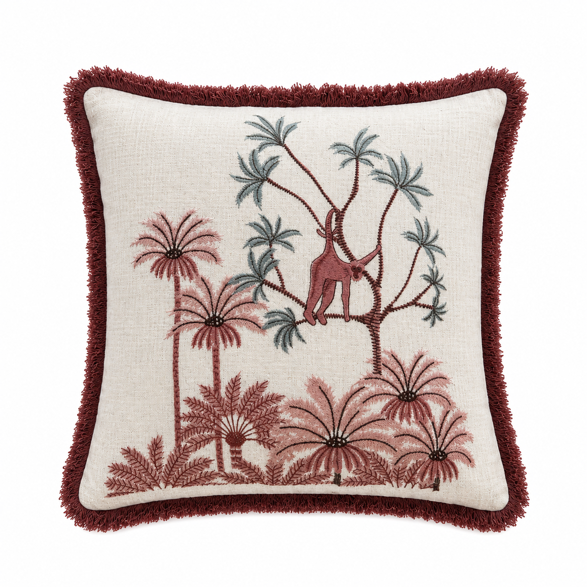 Palmina Embroidered Handmade Tropical Scene Cushion with Fringe Trim 46 x 46cm