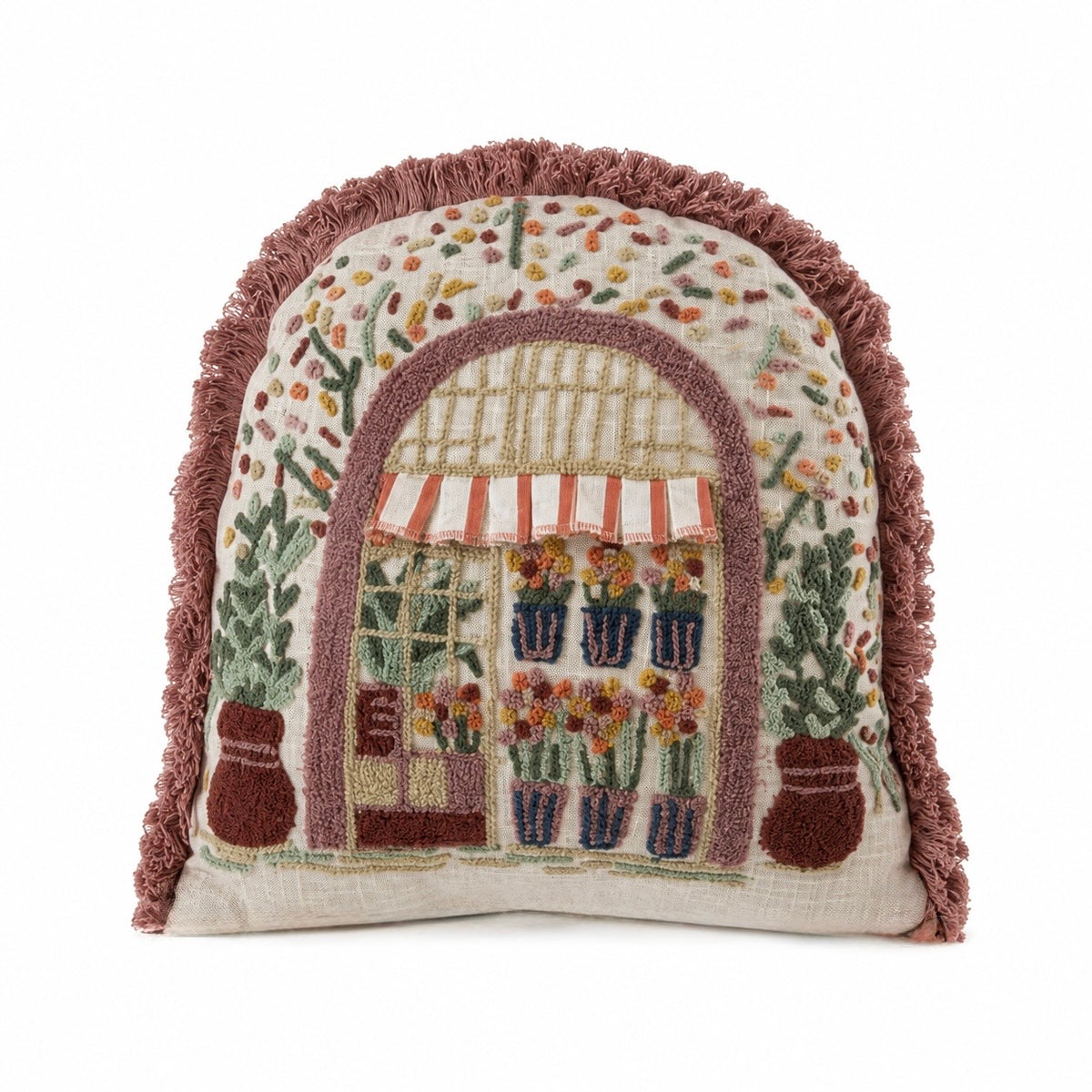 The Florist Hand Embroidered Arch Cushion with Fringe Trim