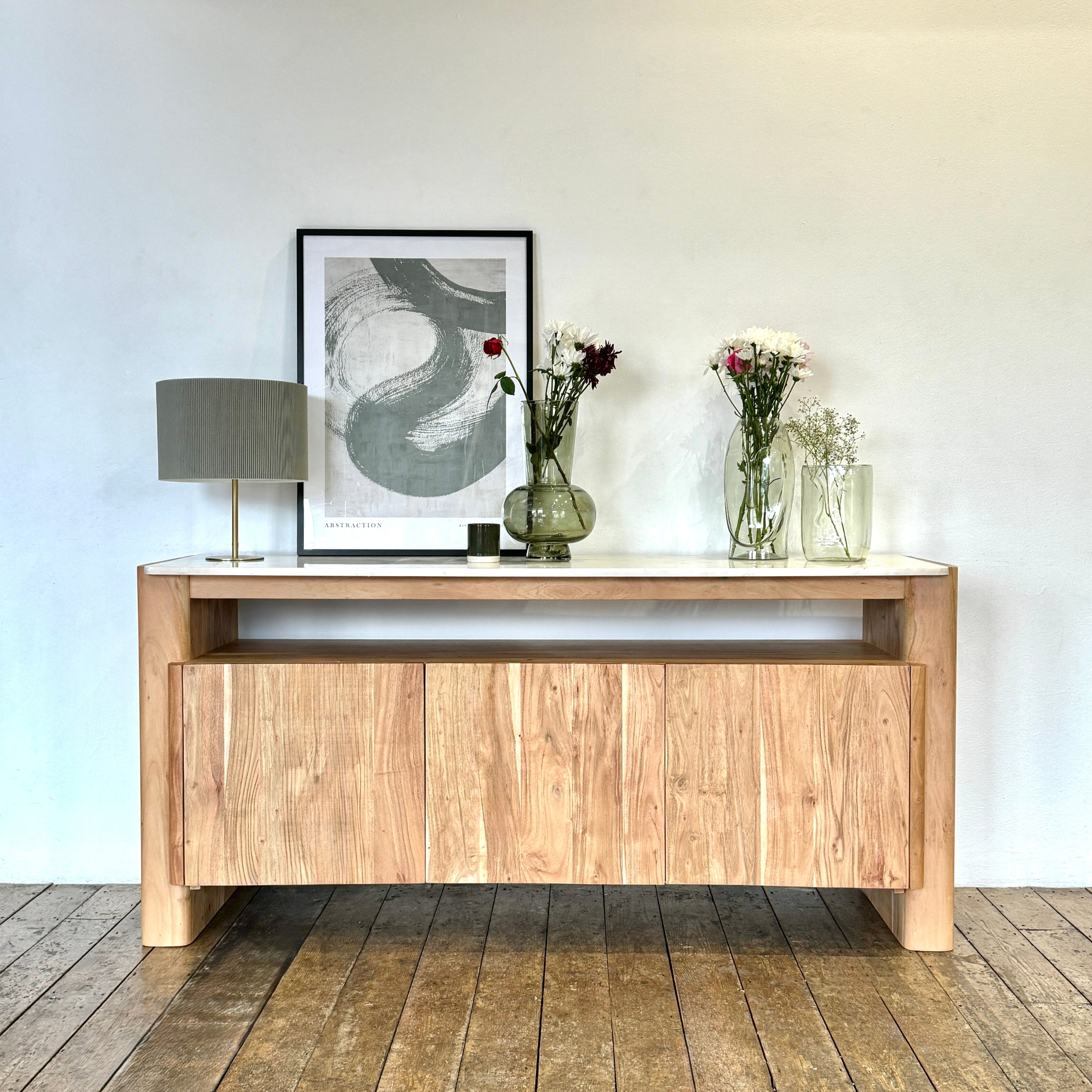 Bali Solid Acacia Wood & Marble 3 Door Sideboard