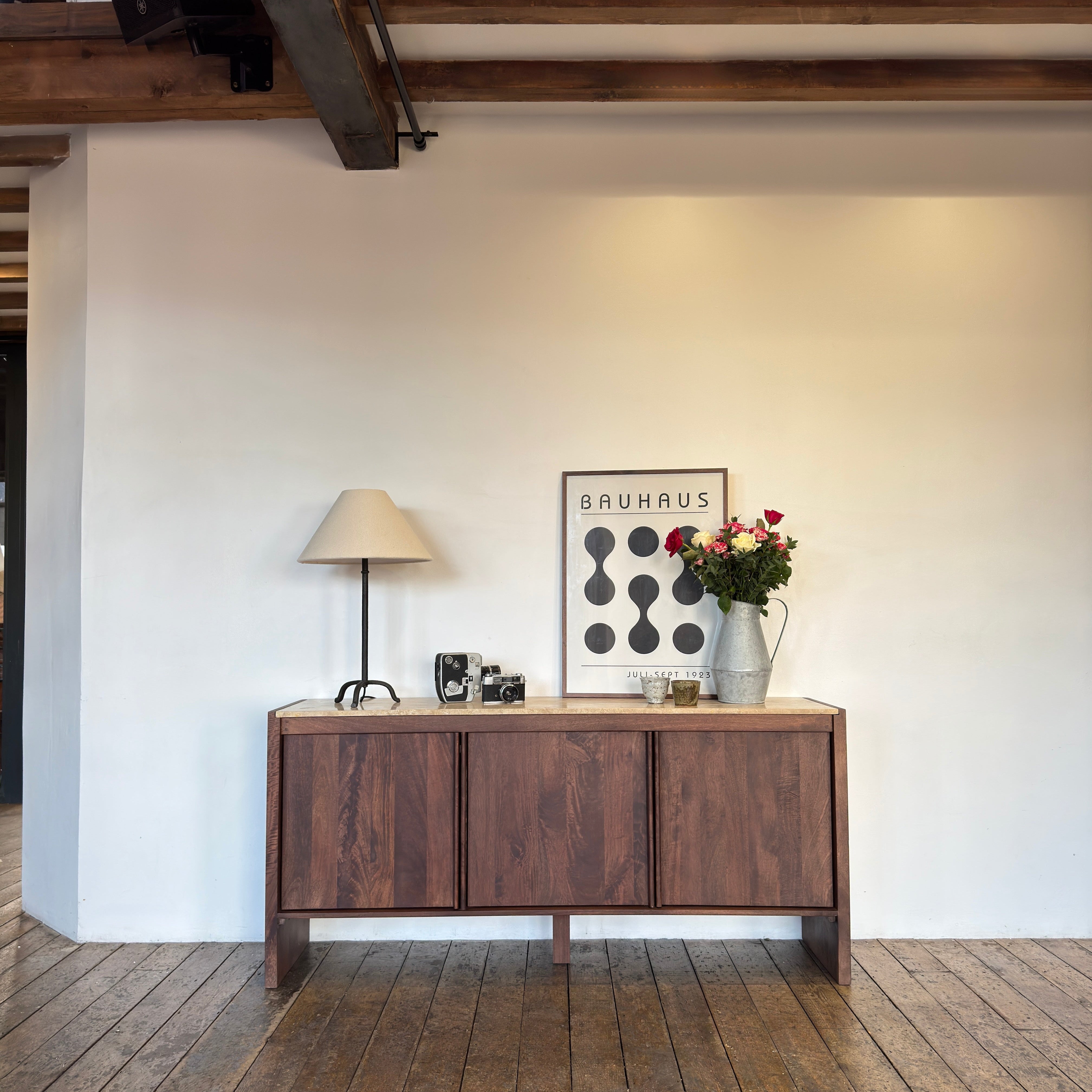 Kobe Solid Mango Wood and Travertine Sideboard Brown