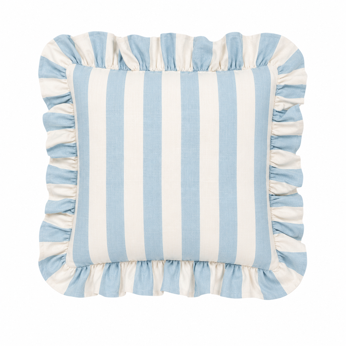 Marina Stripe Cotton Handmade Cushion with Ruffle Trim in Blue and White 46 x 46cm