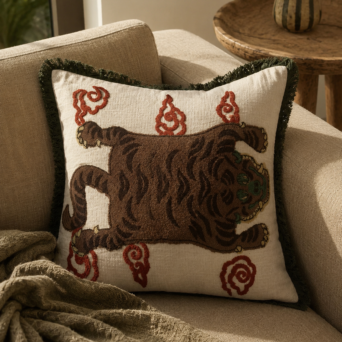 Tashi Embroidered Handmade Tibetan Tiger Cushion with Fringe Trim 46 x 46cm