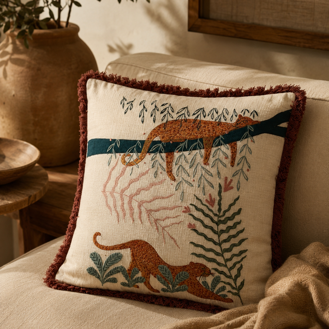 Leona Machine Embroidered Wild Cat Handmade Botanical Cushion with Fringe Trim 46 x 46cm