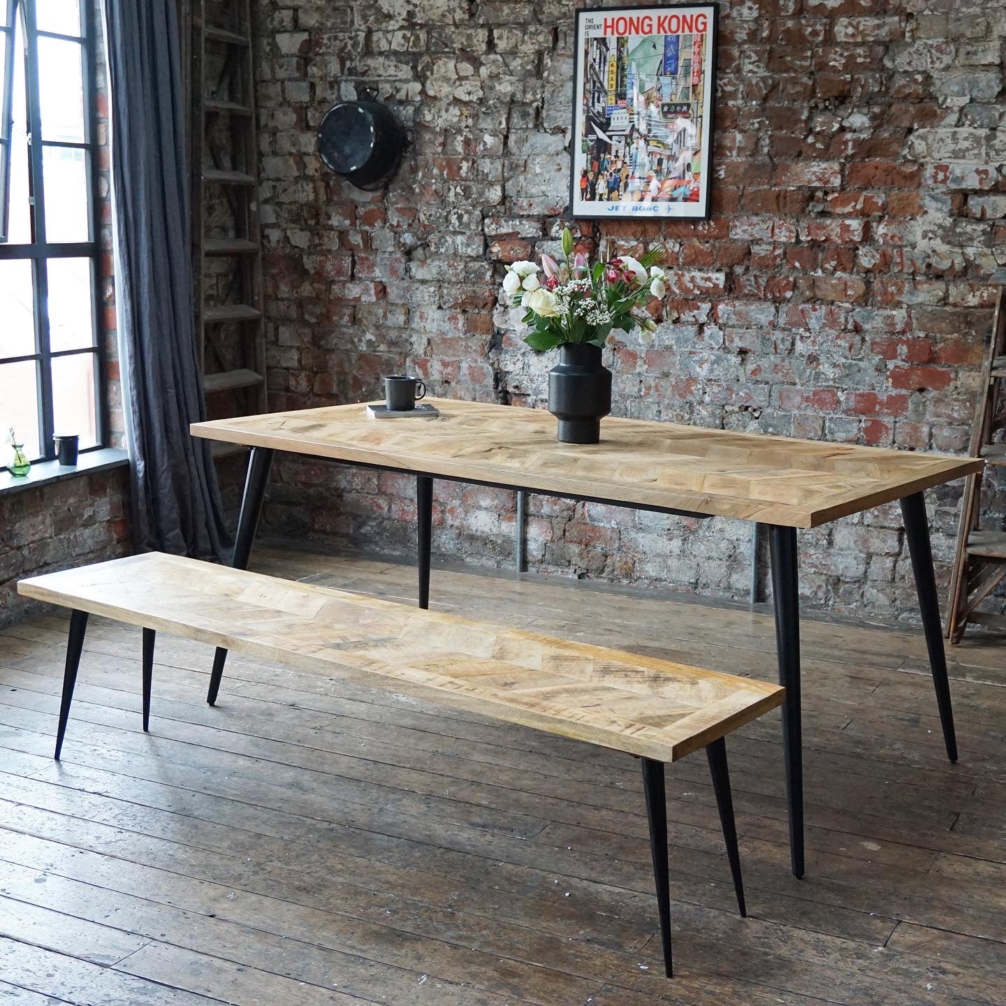 Leo Parquet Style Solid Mango Wood Industrial Dining Table (3 Sizes)