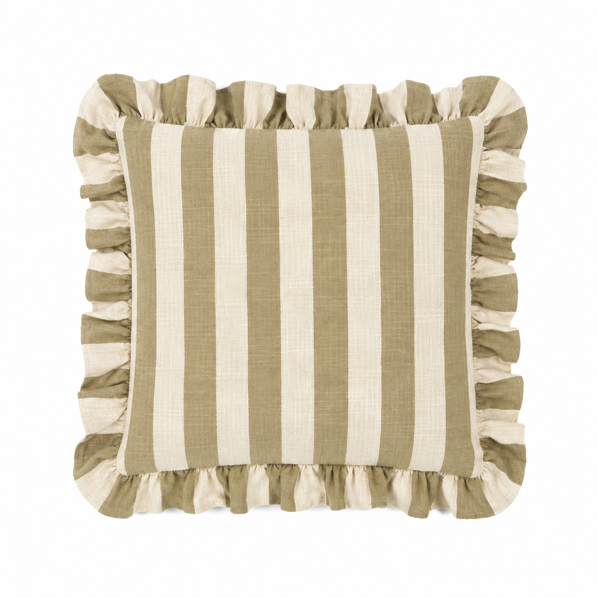 Marina Stripe Cotton Handmade Cushion with Ruffle Trim in Sand and White 46 x 46cm