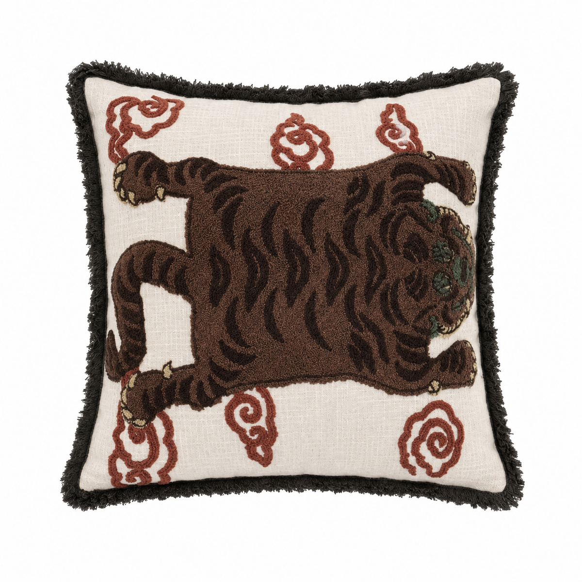Tashi Embroidered Handmade Tibetan Tiger Cushion with Fringe Trim 46 x 46cm