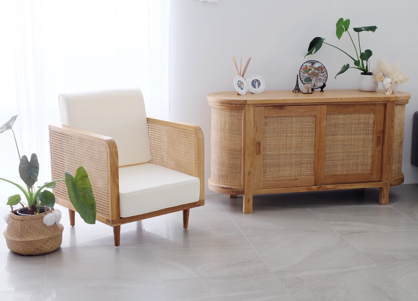 Puteri Solid Teak Sideboard with Natural Rattan