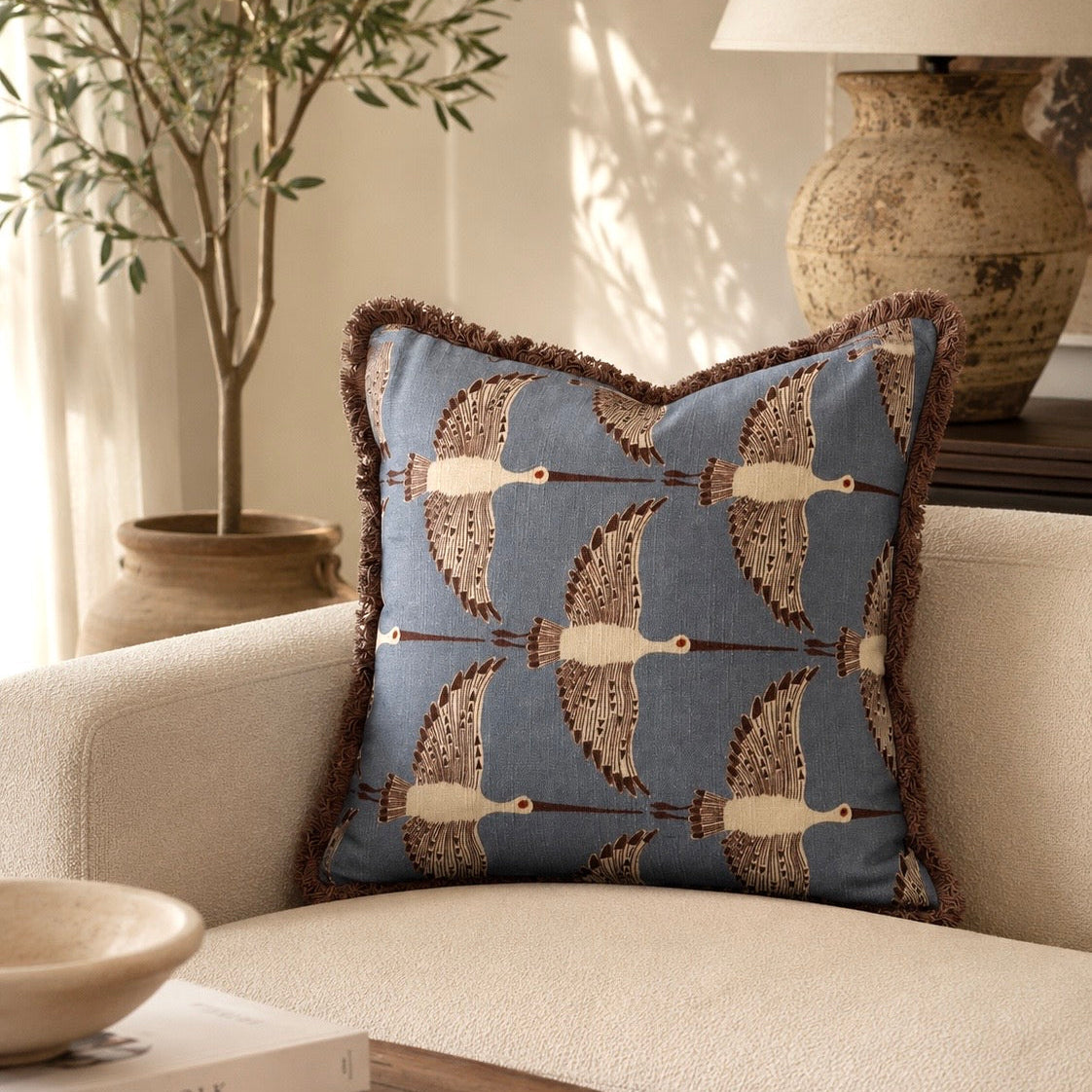 Crina Art Deco Flying Crane Handmade Print Cushion with Fringe Trim 46 x 46cm