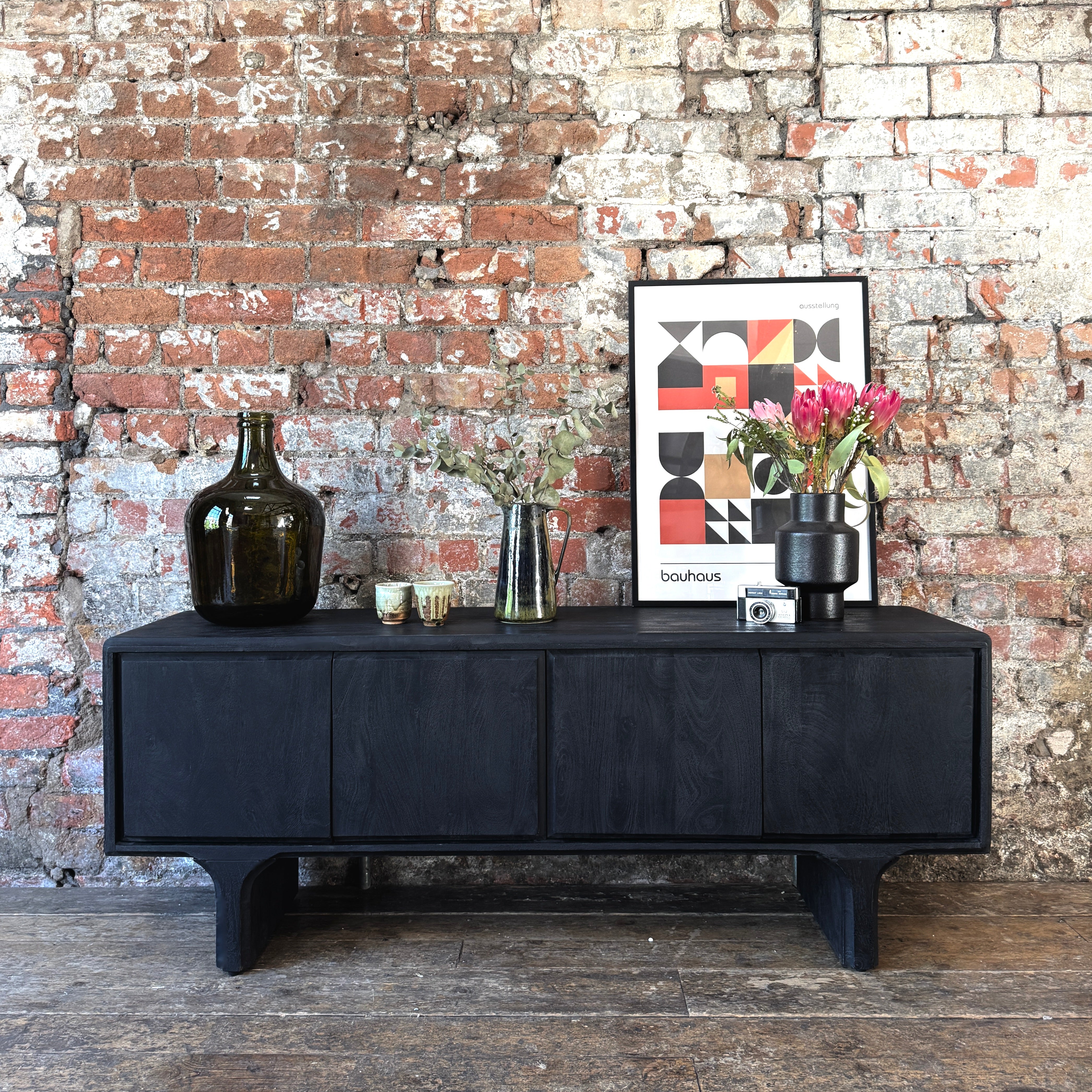 Milo Solid Mango Wood 4 Door TV Unit in Black (2 Sizes)