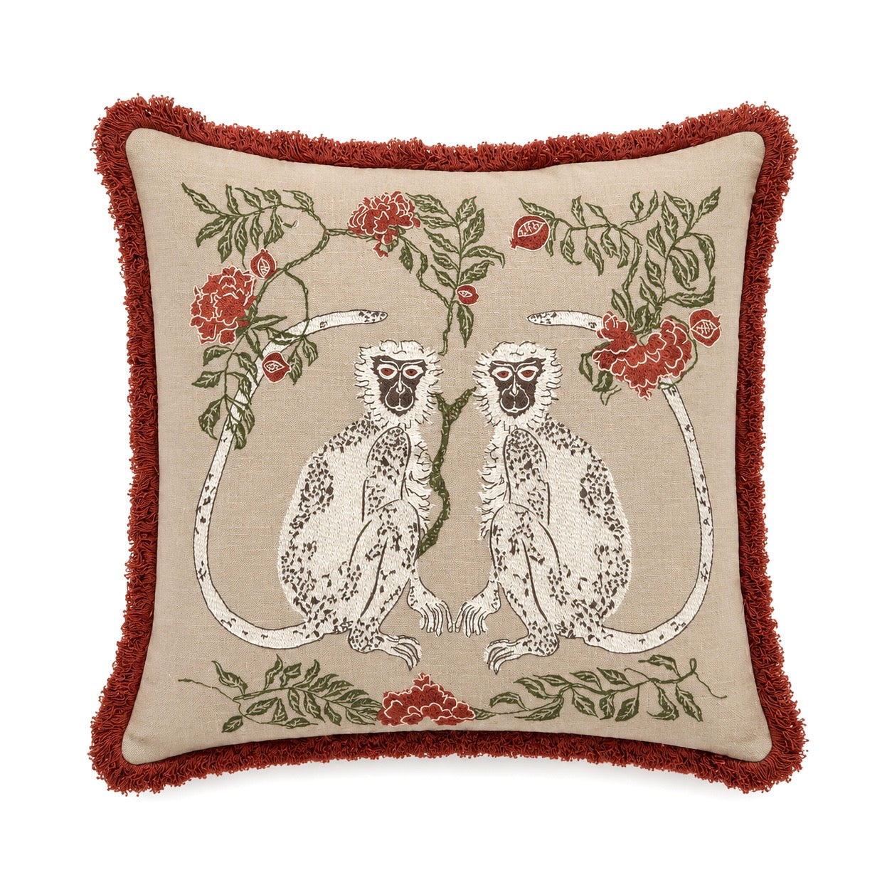 Kiki Embroidered Handmade Botanical Monkey Cushion with Fringe Trim 46 x 46cm