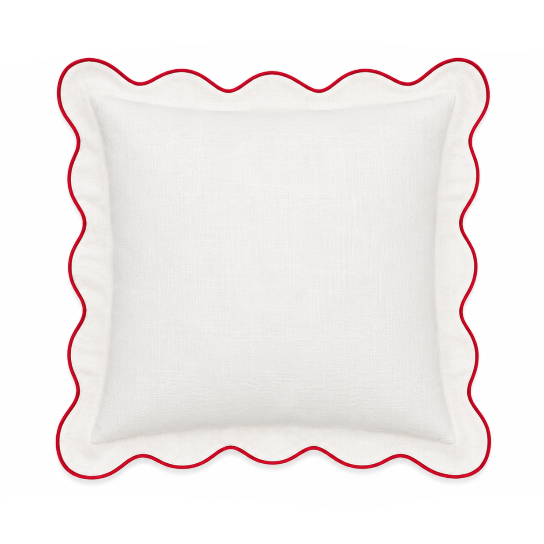 Cordelia Scalloped Edge Cotton Handmade Cushion in White with Red Piping 46 x 46cm