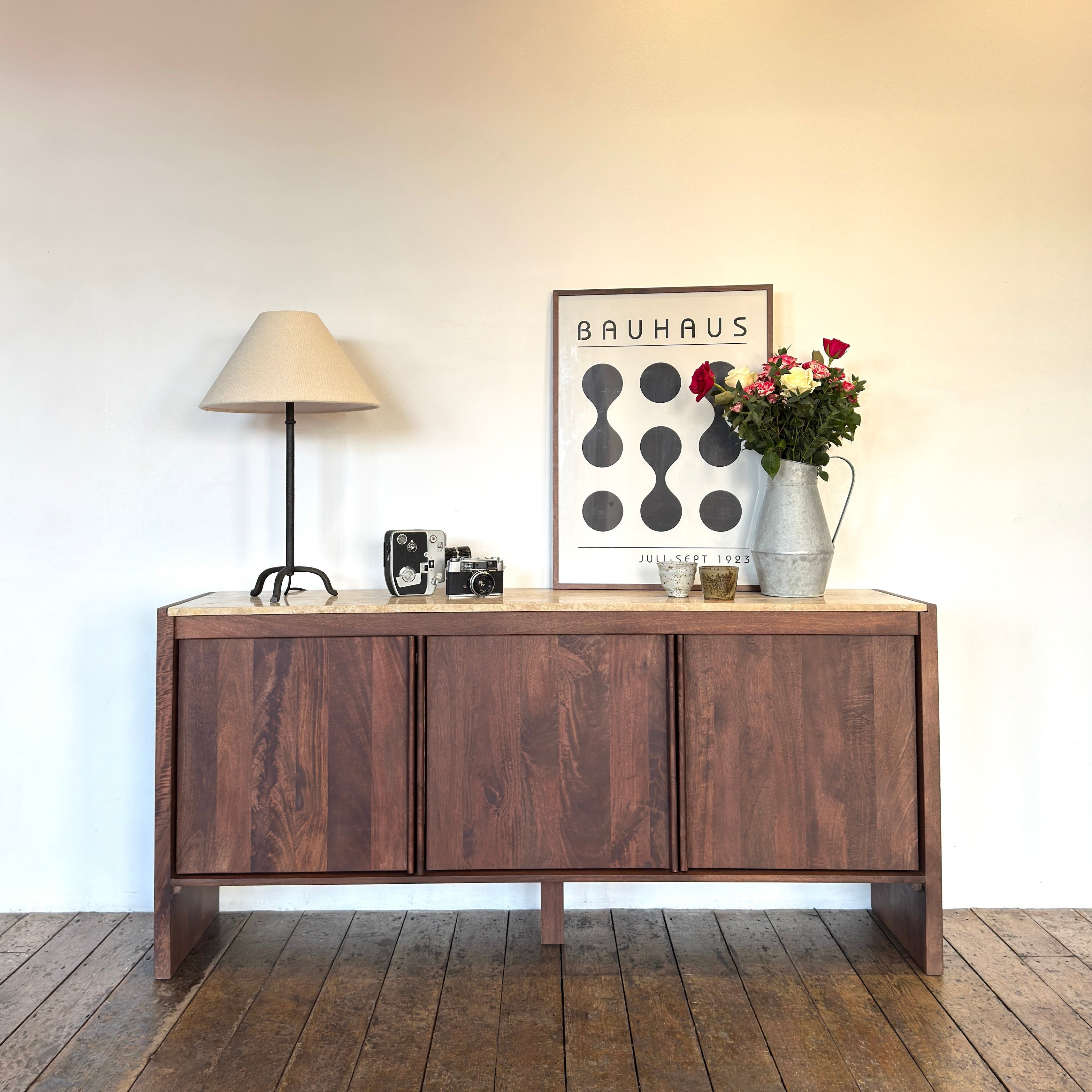 Kobe Solid Mango Wood and Travertine Sideboard Brown
