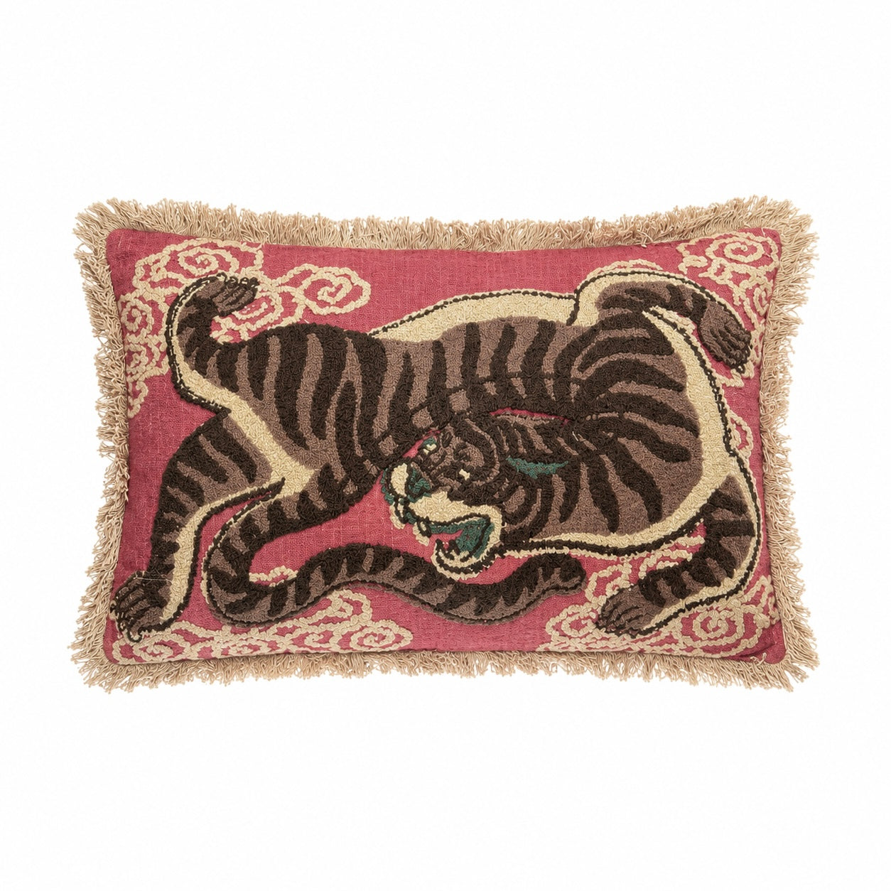 Dorji Towel Embroidered Handmade Tibetan Tiger Cushion with Fringe Trim 30 x 46cm