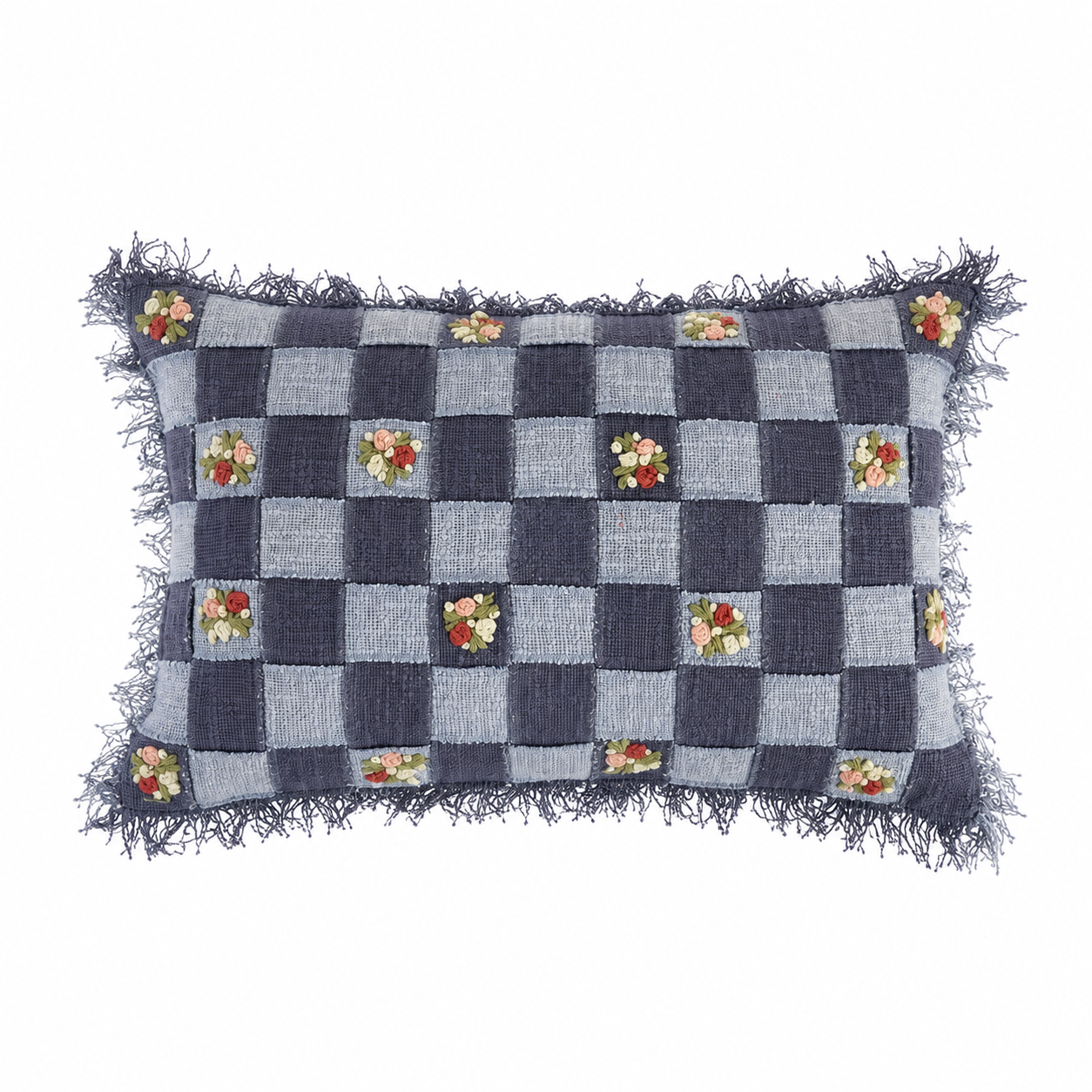 Harley Hand Embroidered Checkerboard Cushion with Fringe Trim in Blue 30 x 46cm