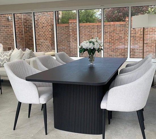 Aria Dining Chairs in Stone Beige Linen with Black Extendable Dining Table