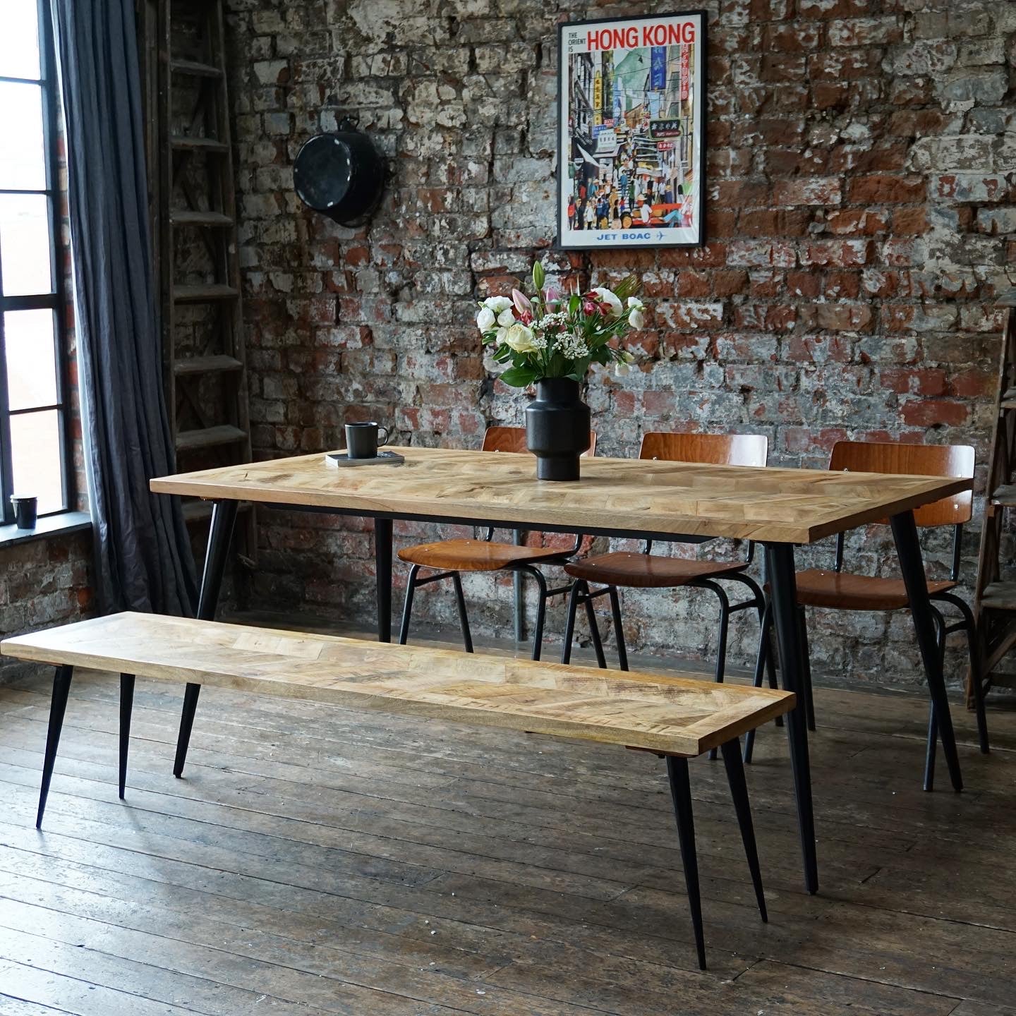 Leo Parquet Style Solid Mango Wood Dining Table and Bench Set (3 Sizes)