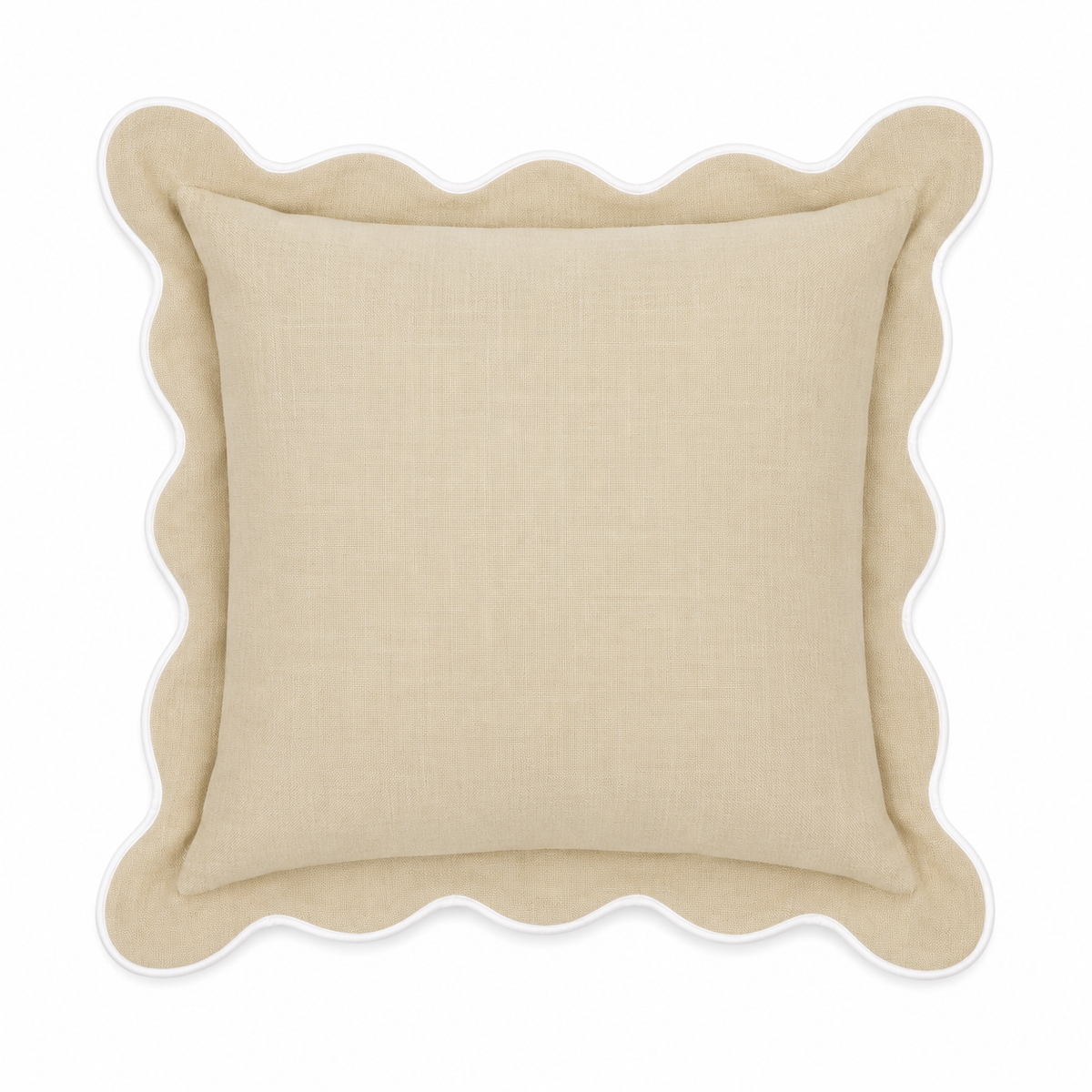 Cordelia Scalloped Edge Cotton Handmade Cushion in Natural with White Piping 46 x 46cm