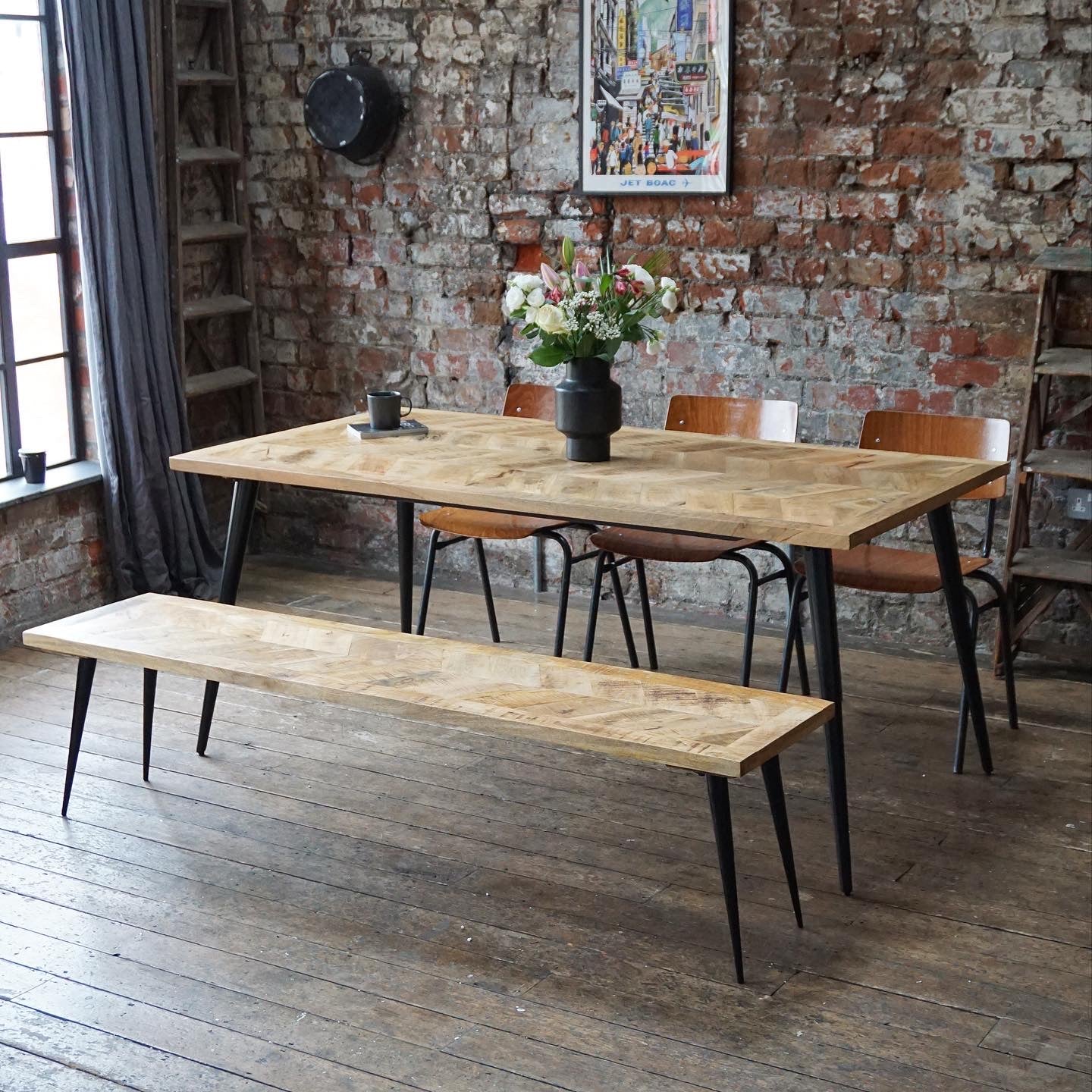 Leo Parquet Style Solid Mango Wood Industrial Dining Table (3 Sizes)