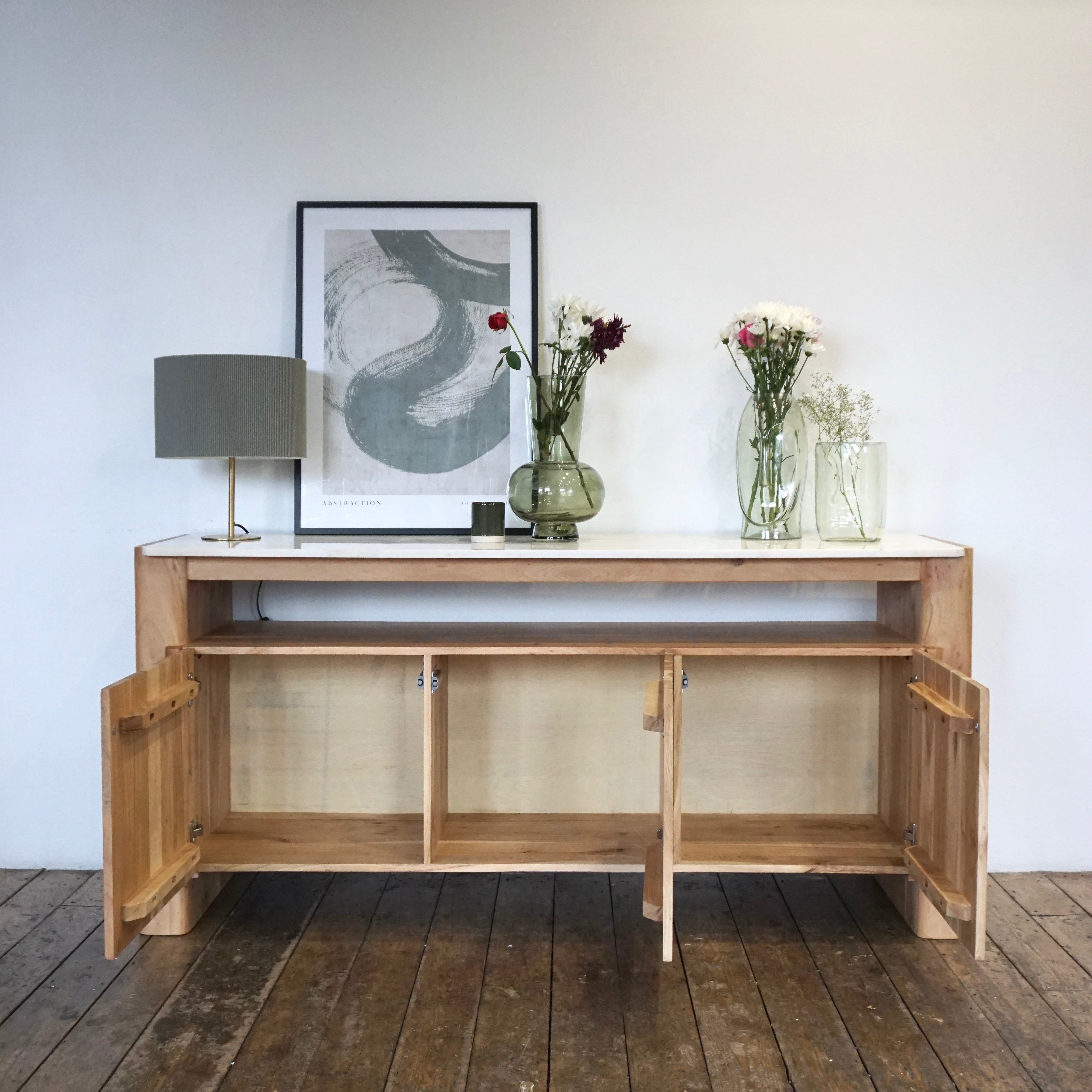 Bali Solid Acacia Wood & Marble 3 Door Sideboard