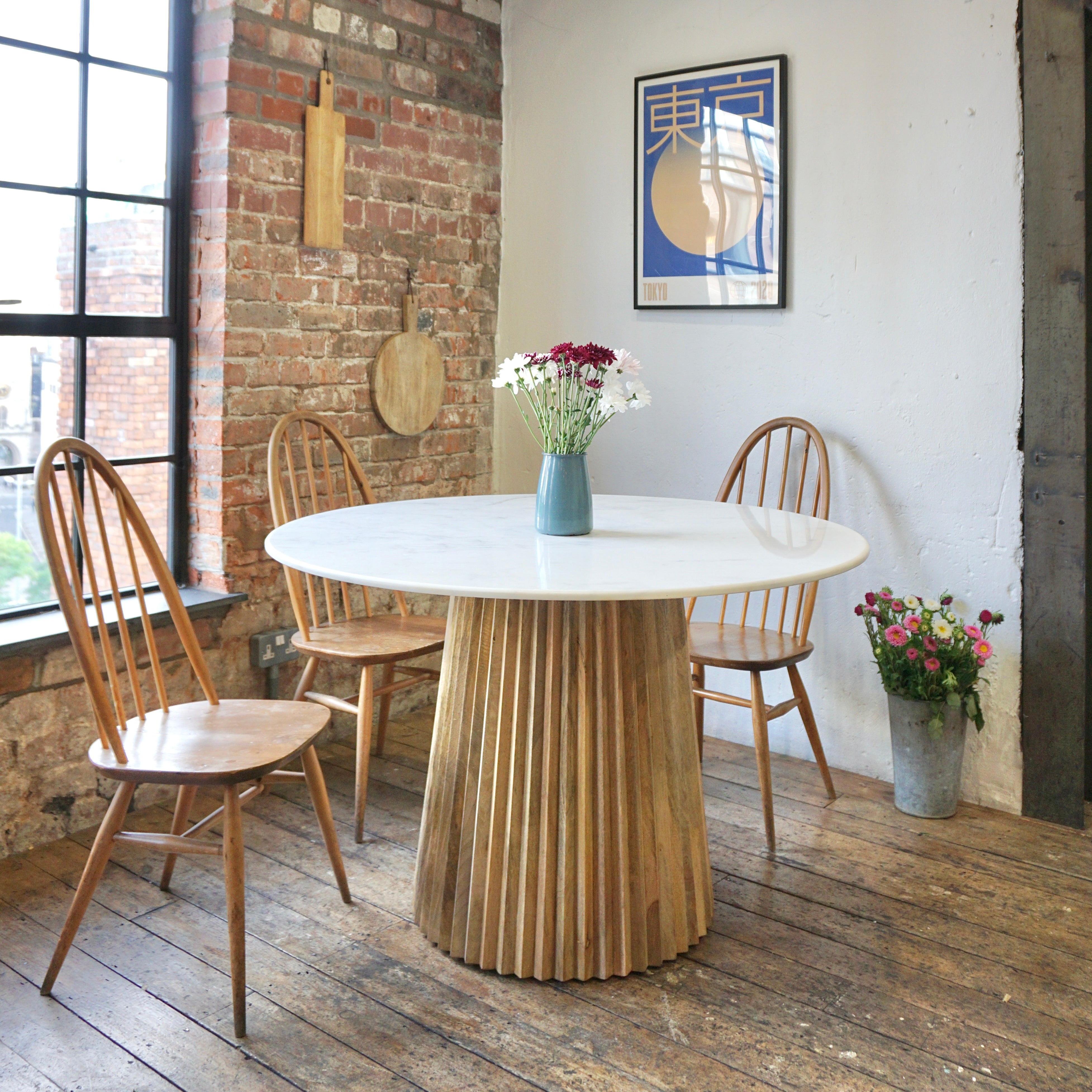 Freya Round Solid Marble & Mango Wood Dining Table Natural