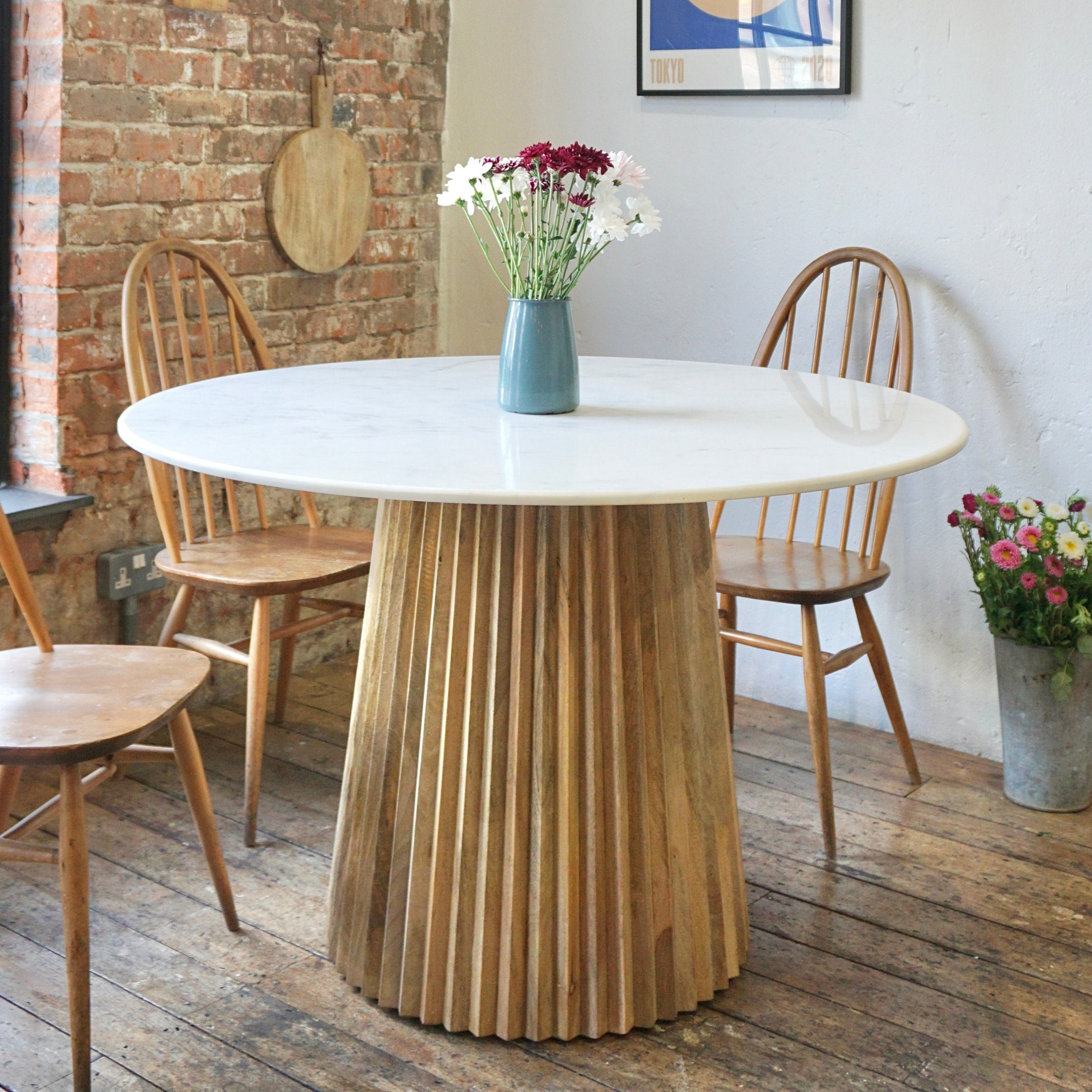 Freya Round Solid Marble & Mango Wood Dining Table Natural