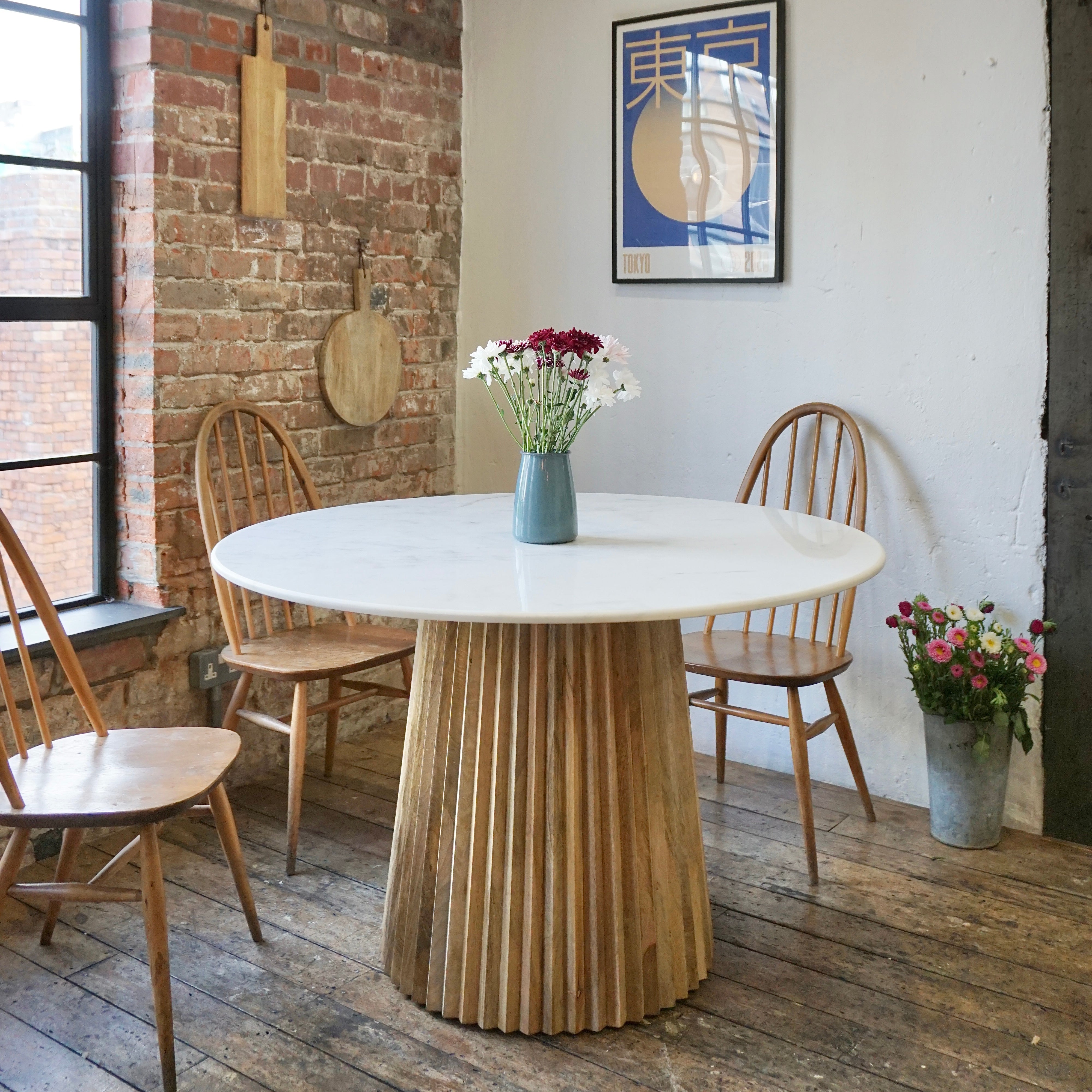 Freya Round Solid Marble & Mango Wood Dining Table Natural