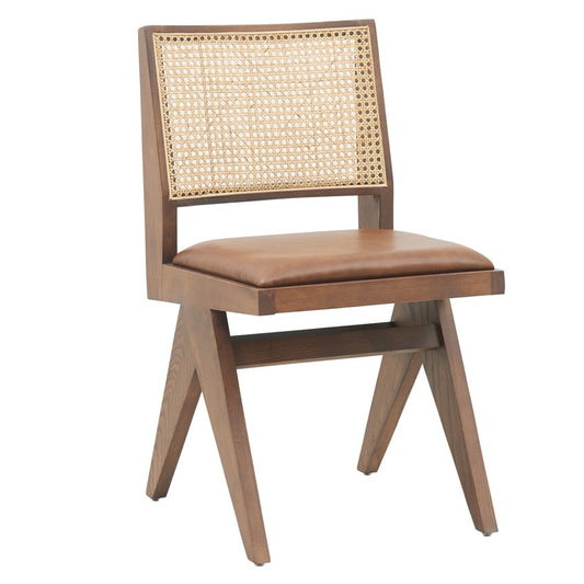 Kiko Solid Ash Wood Dining Chair in Walnut and Brown Leather (2pk)