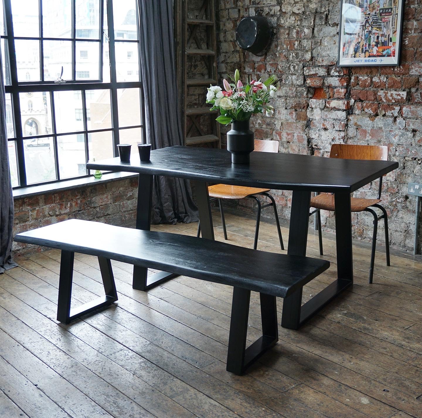 Indiana Solid Acacia Wood Industrial Dining Table in Black (2 Sizes)
