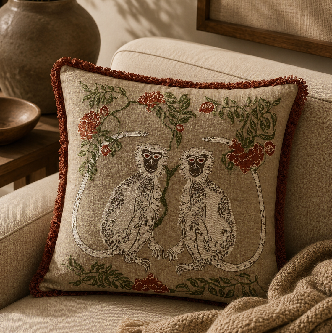 Kiki Embroidered Handmade Botanical Monkey Cushion with Fringe Trim 46 x 46cm