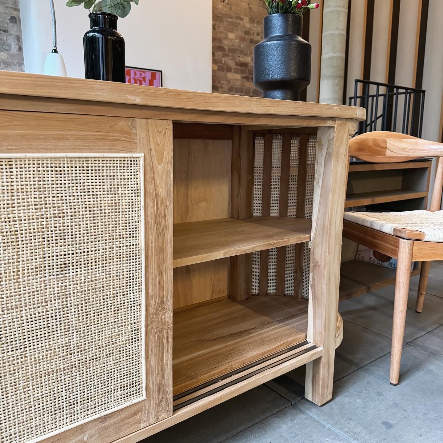 Puteri Solid Teak Sideboard with Natural Rattan