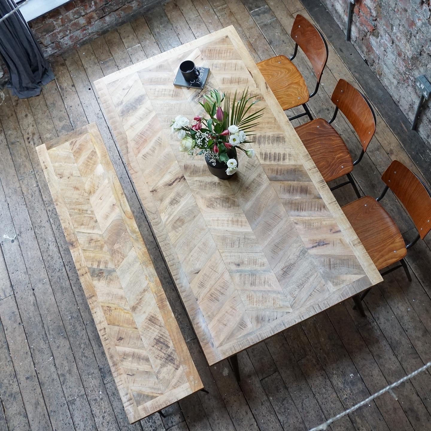 Leo Parquet Style Solid Mango Wood Industrial Dining Table (3 Sizes)