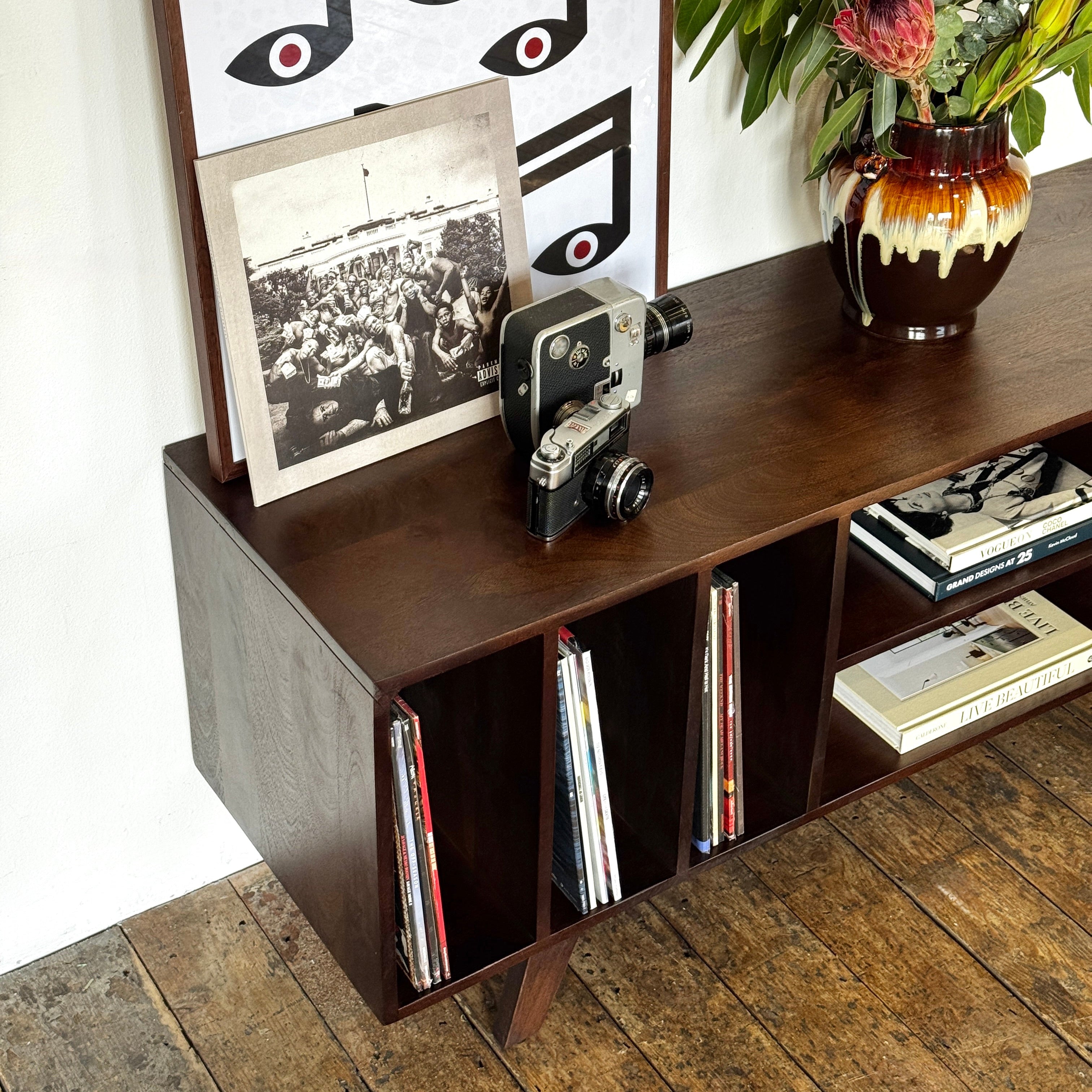 Wax Solid Mango Wood Vinyl Storage Medium TV Stand