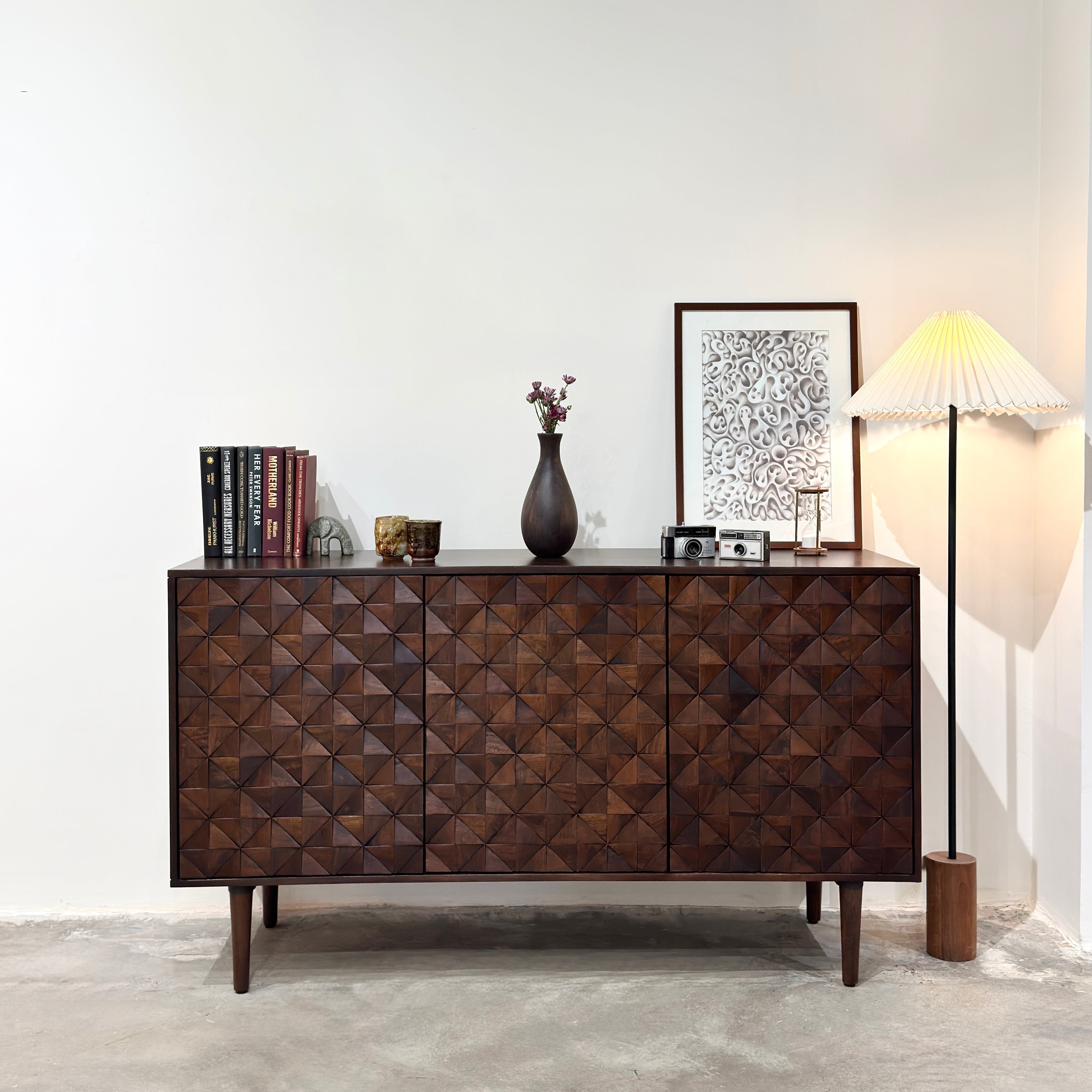Kuri Solid Mango Wood Large 3 Door Sideboard Dark Brown