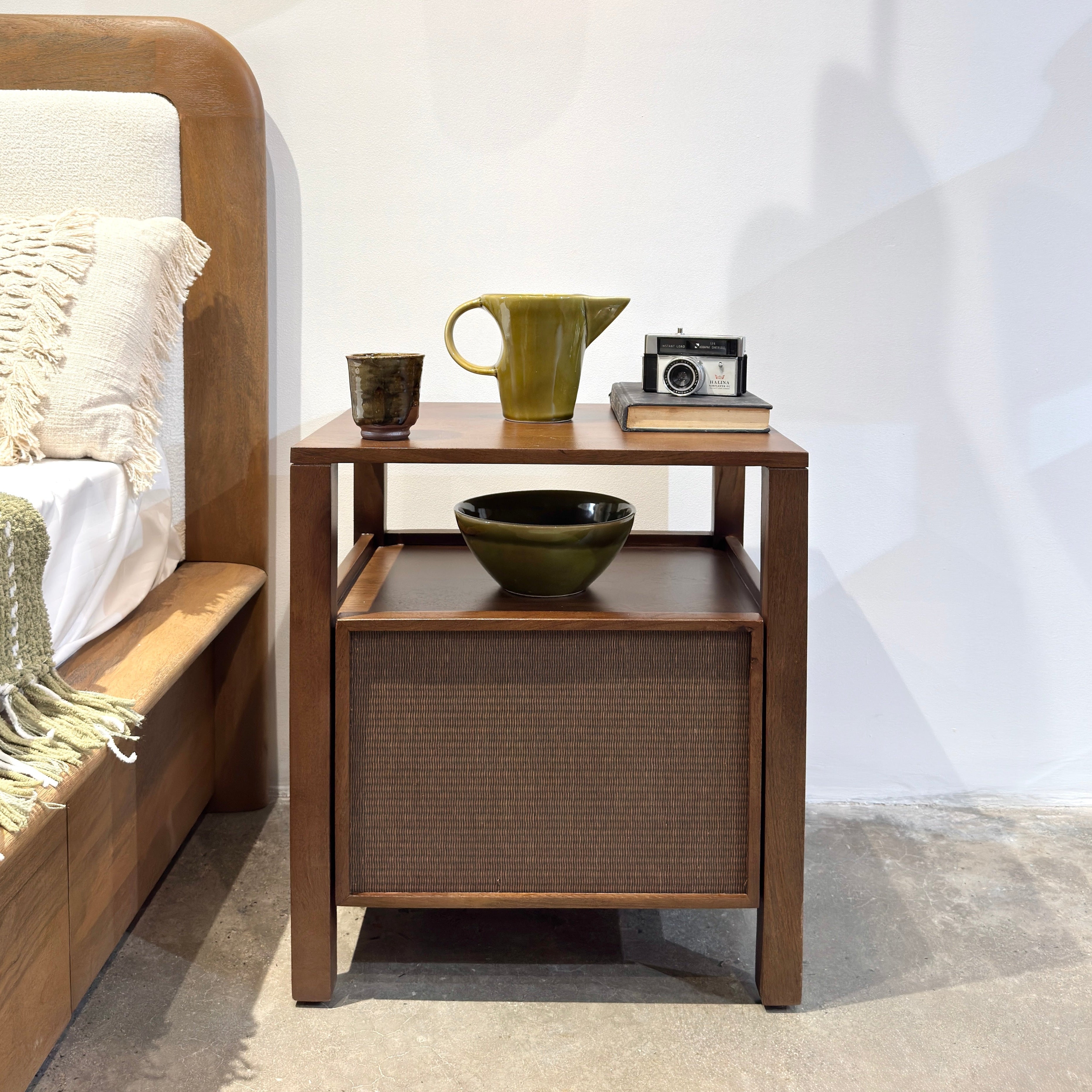 Kumiko Solid Mango Wood and Tatami Bedside Table in Brown