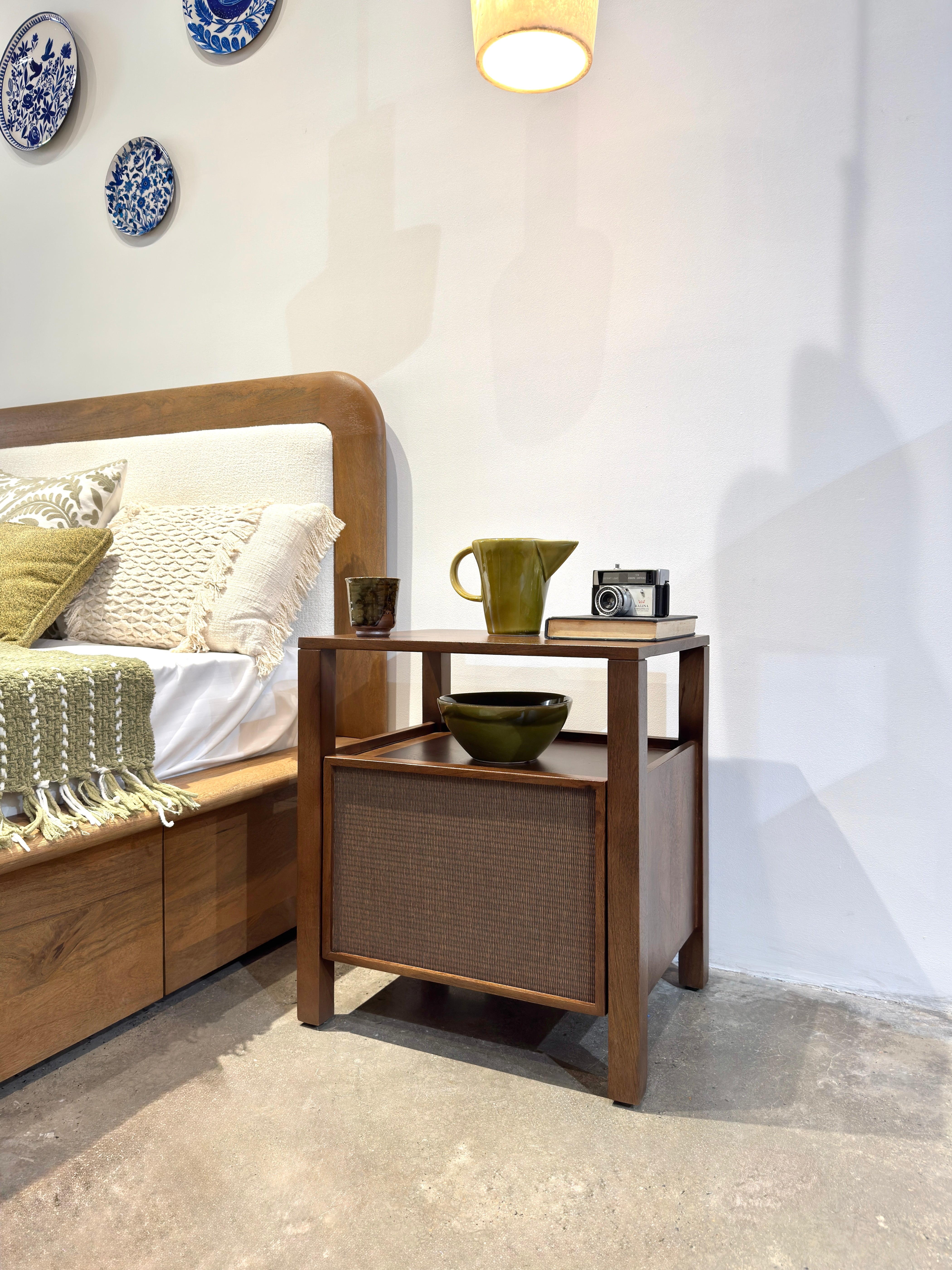 Kumiko Solid Mango Wood and Tatami Bedside Table in Brown
