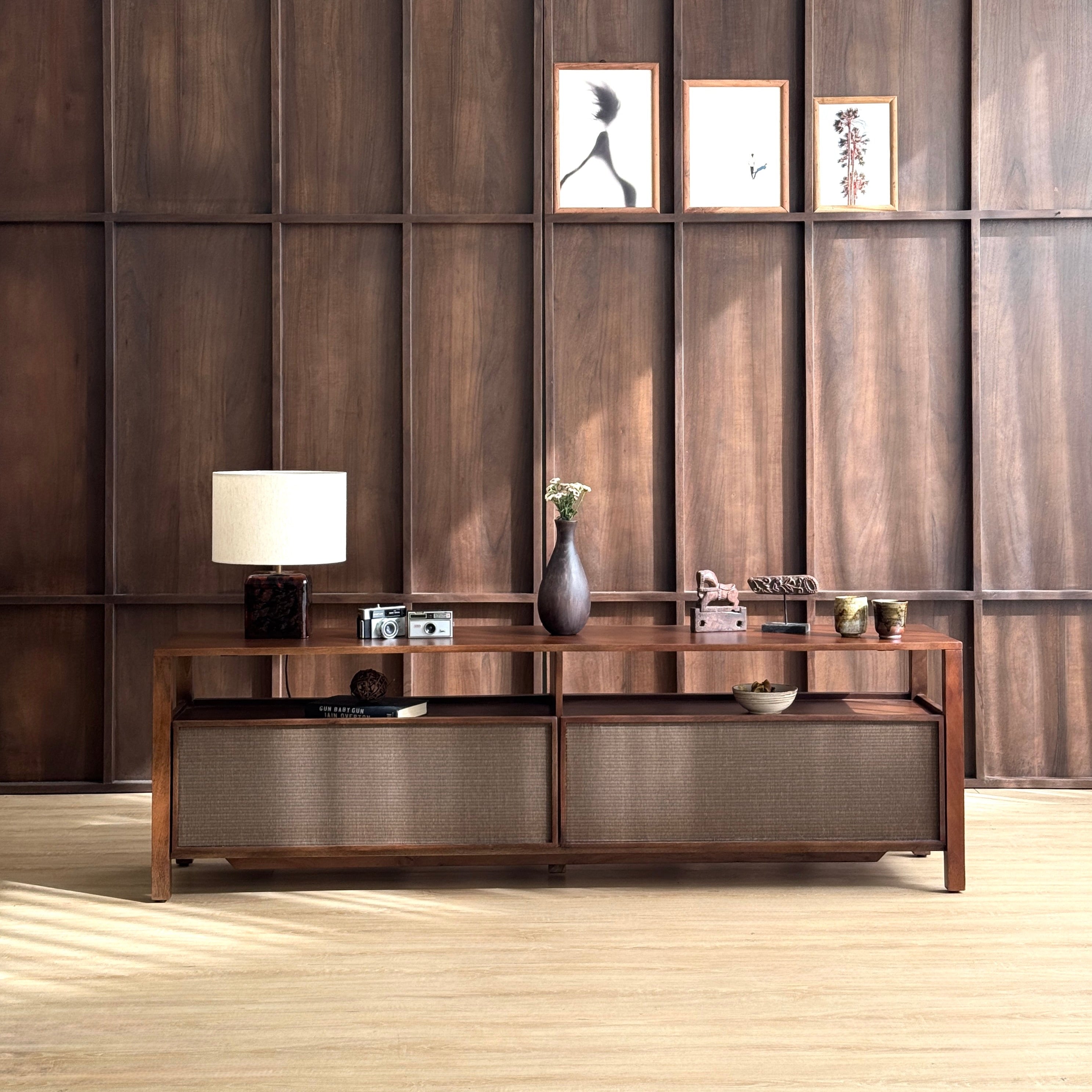 Kumiko Solid Mango Wood and Tatami TV Stand in Brown (2 Sizes)